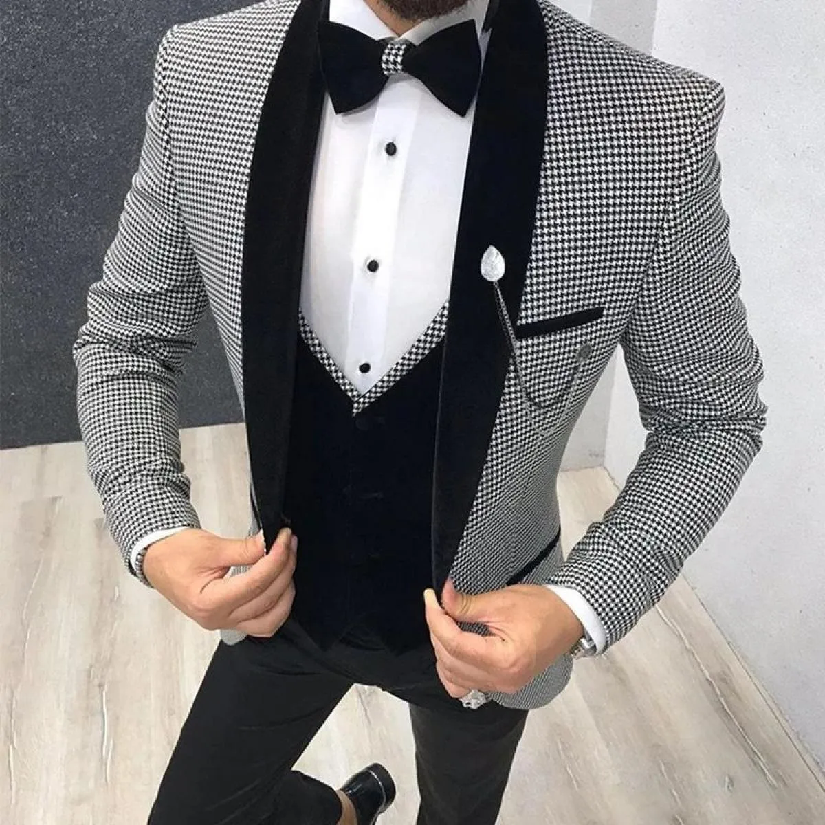 Abito da uomo pied de poule a 3 pezzi slim fit per la cena ballo di fine anno su misura sposo smoking da sposa migliore giacca d