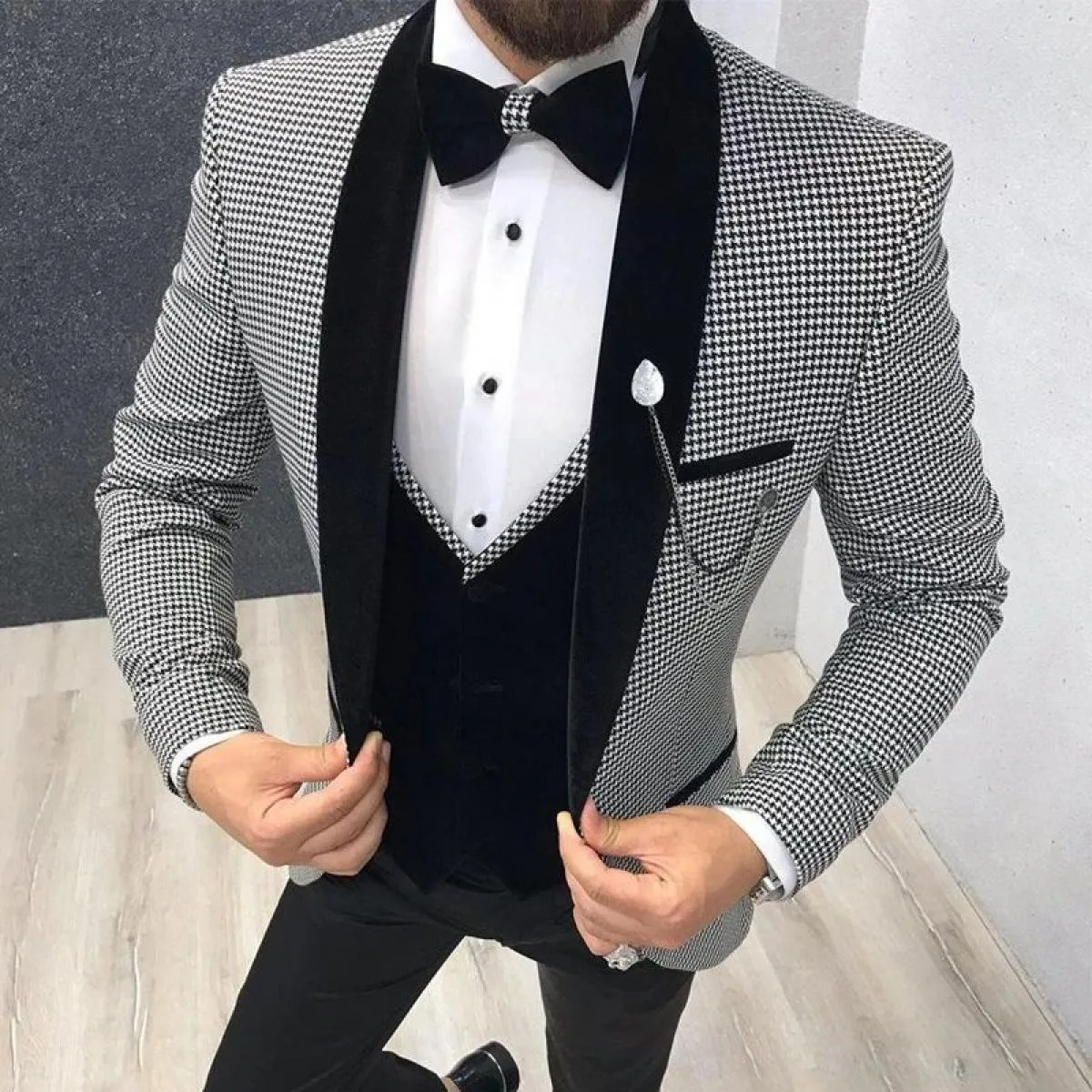 Abito da uomo pied de poule a 3 pezzi slim fit per la cena ballo di fine anno su misura sposo smoking da sposa migliore giacca d