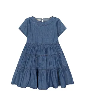 Abito mini in chambray a maniche corte e gonna a balze 4-6 anni