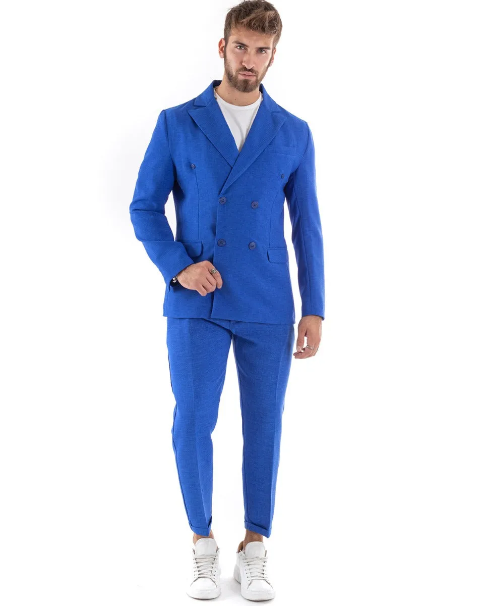 Abito Uomo Doppiopetto Vestito Viscosa Completo Giacca Pantaloni Blu Royal Melangiato Elegante Cerimonia GIOSAL-OU2203A