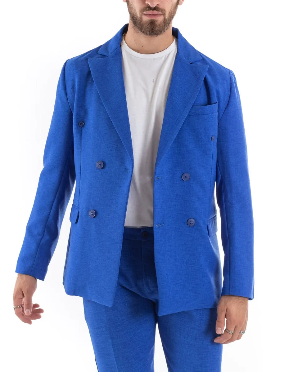 Abito Uomo Doppiopetto Vestito Viscosa Completo Giacca Pantaloni Blu Royal Melangiato Elegante Cerimonia GIOSAL-OU2203A