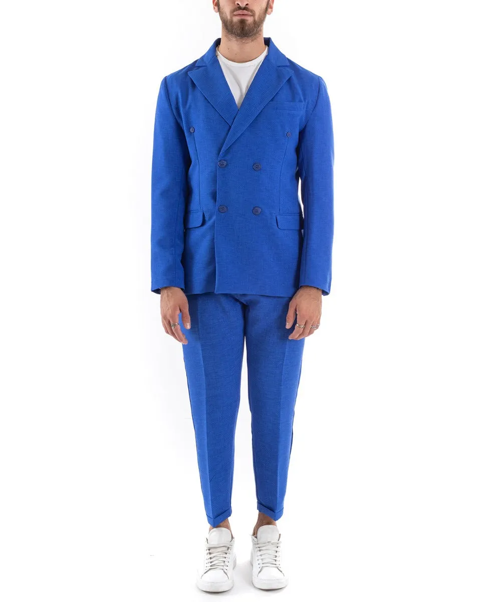 Abito Uomo Doppiopetto Vestito Viscosa Completo Giacca Pantaloni Blu Royal Melangiato Elegante Cerimonia GIOSAL-OU2203A