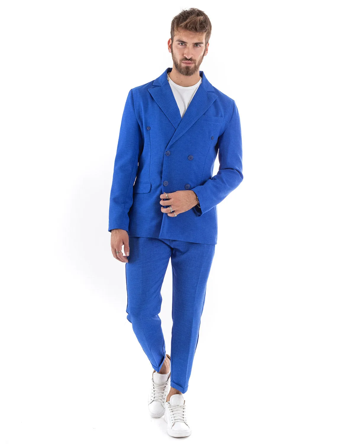 Abito Uomo Doppiopetto Vestito Viscosa Completo Giacca Pantaloni Blu Royal Melangiato Elegante Cerimonia GIOSAL-OU2203A