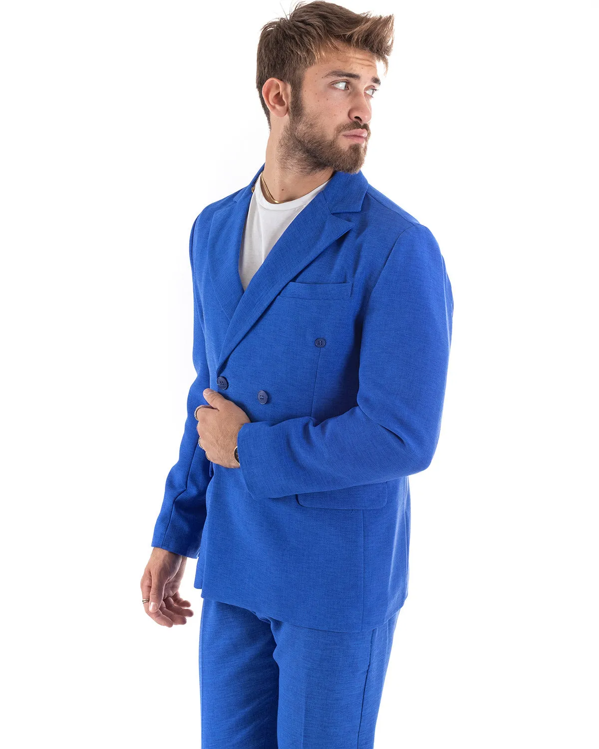 Abito Uomo Doppiopetto Vestito Viscosa Completo Giacca Pantaloni Blu Royal Melangiato Elegante Cerimonia GIOSAL-OU2203A