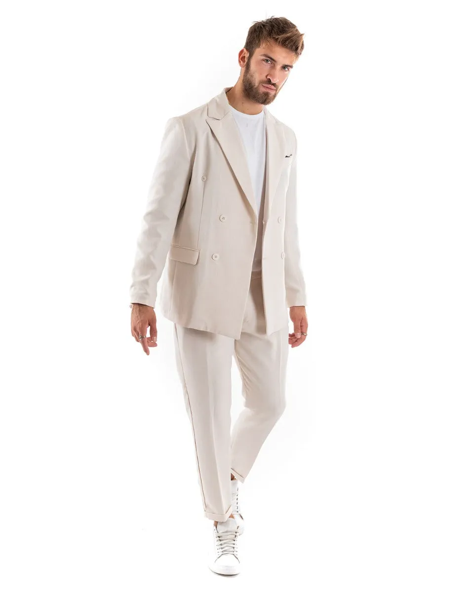 Abito Uomo Doppiopetto Vestito Viscosa Completo Giacca Pantaloni Panna Melangiato Elegante Cerimonia GIOSAL-OU2206A