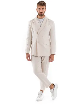 Abito Uomo Doppiopetto Vestito Viscosa Completo Giacca Pantaloni Panna Melangiato Elegante Cerimonia GIOSAL-OU2206A