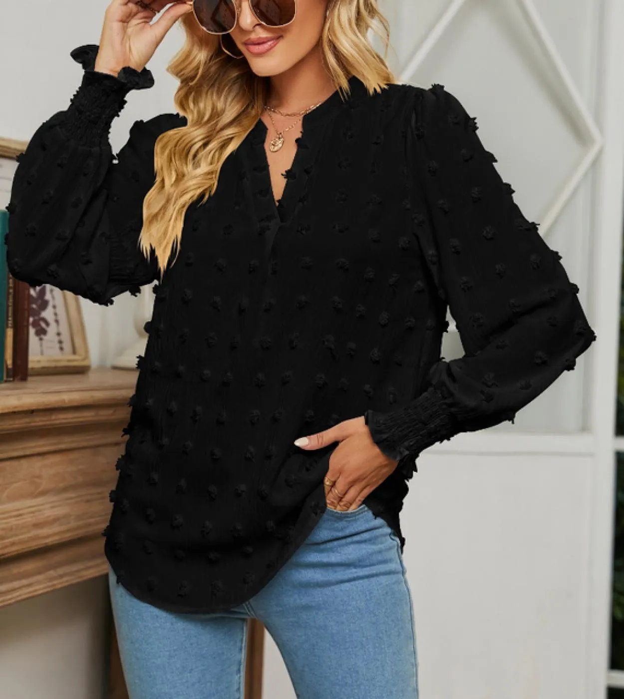 Camicetta in chiffon allentata alla moda da donna Casual a sbuffo manica lunga con scollo a V Camicia da donna Top Autunno Dot O