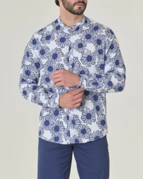 Camicia azzurra in misto lino e cotone con collo a coreana e fantasia floreale