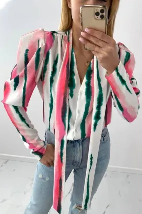 Camicia bianca a multi fantasia tonalità fucsia verde con maniche a sbuffo