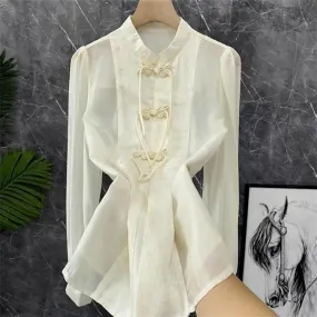 Camicia da donna con colletto alla coreana in pizzo scuro con fibbia a disco di alta qualità dal design in stile cinese