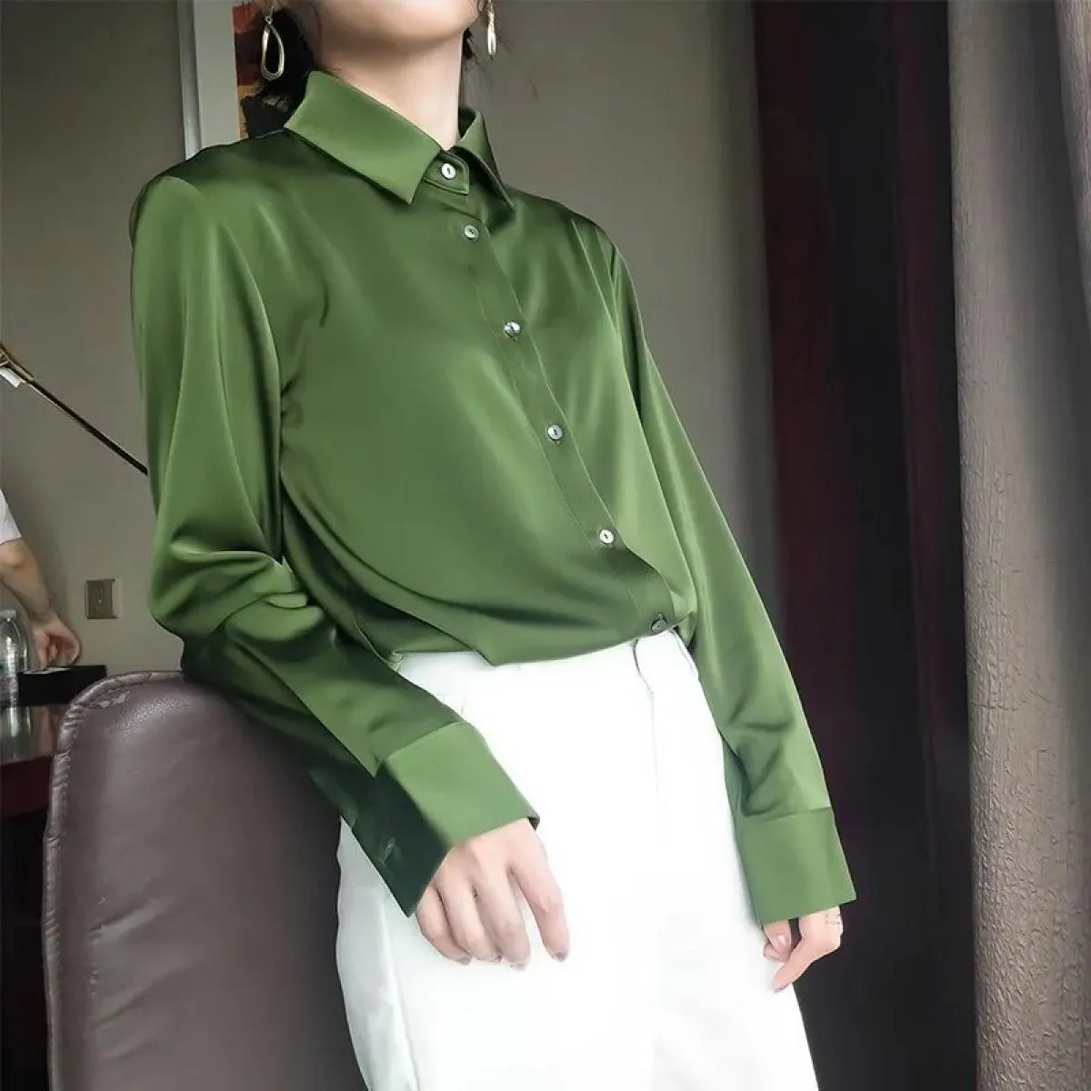 Camicia in raso lucido da donna Design di nicchia Temperamento retrò High End Avocado Matcha Green Camisas De Mujer