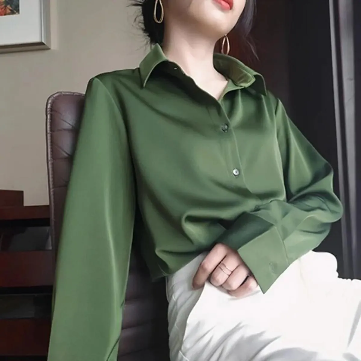 Camicia in raso lucido da donna Design di nicchia Temperamento retrò High End Avocado Matcha Green Camisas De Mujer