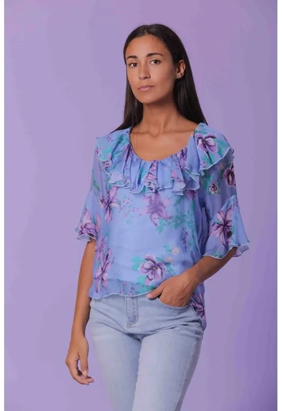 Camicia seta donna mimi muà manica corta con volan art. ARAG-1479