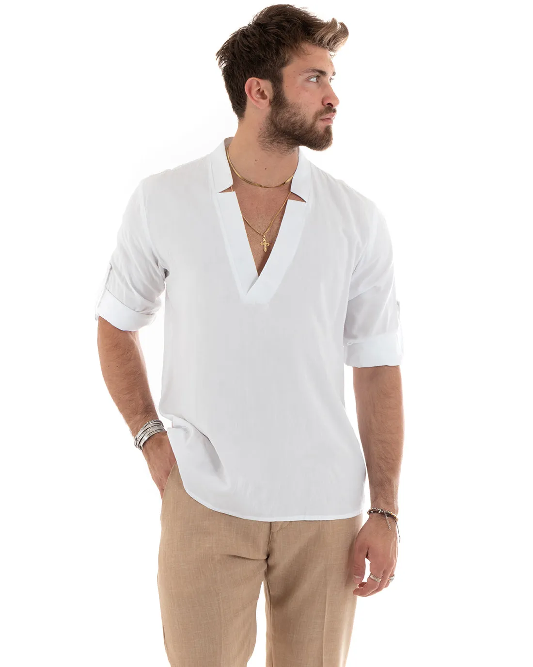 Camicia Uomo Collo V Manica Lunga Viscosa Morbida Leggera Bianco GIOSAL-C2695A