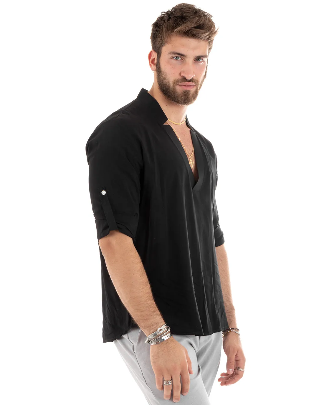 Camicia Uomo Collo V Manica Lunga Viscosa Morbida Leggera Nero GIOSAL-C2694A