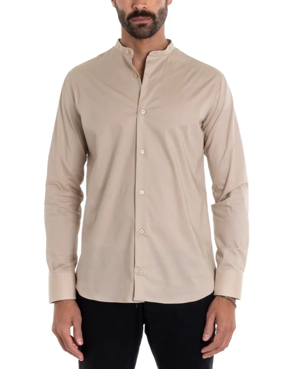 Camicia Uomo Sartoriale Collo Coreano Manica Lunga Basic Cotone Morbido Beige Regular Fit GIOSAL-C2373A