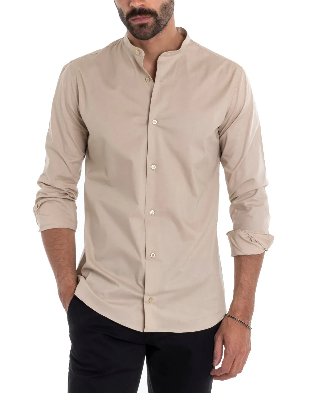 Camicia Uomo Sartoriale Collo Coreano Manica Lunga Basic Cotone Morbido Beige Regular Fit GIOSAL-C2373A