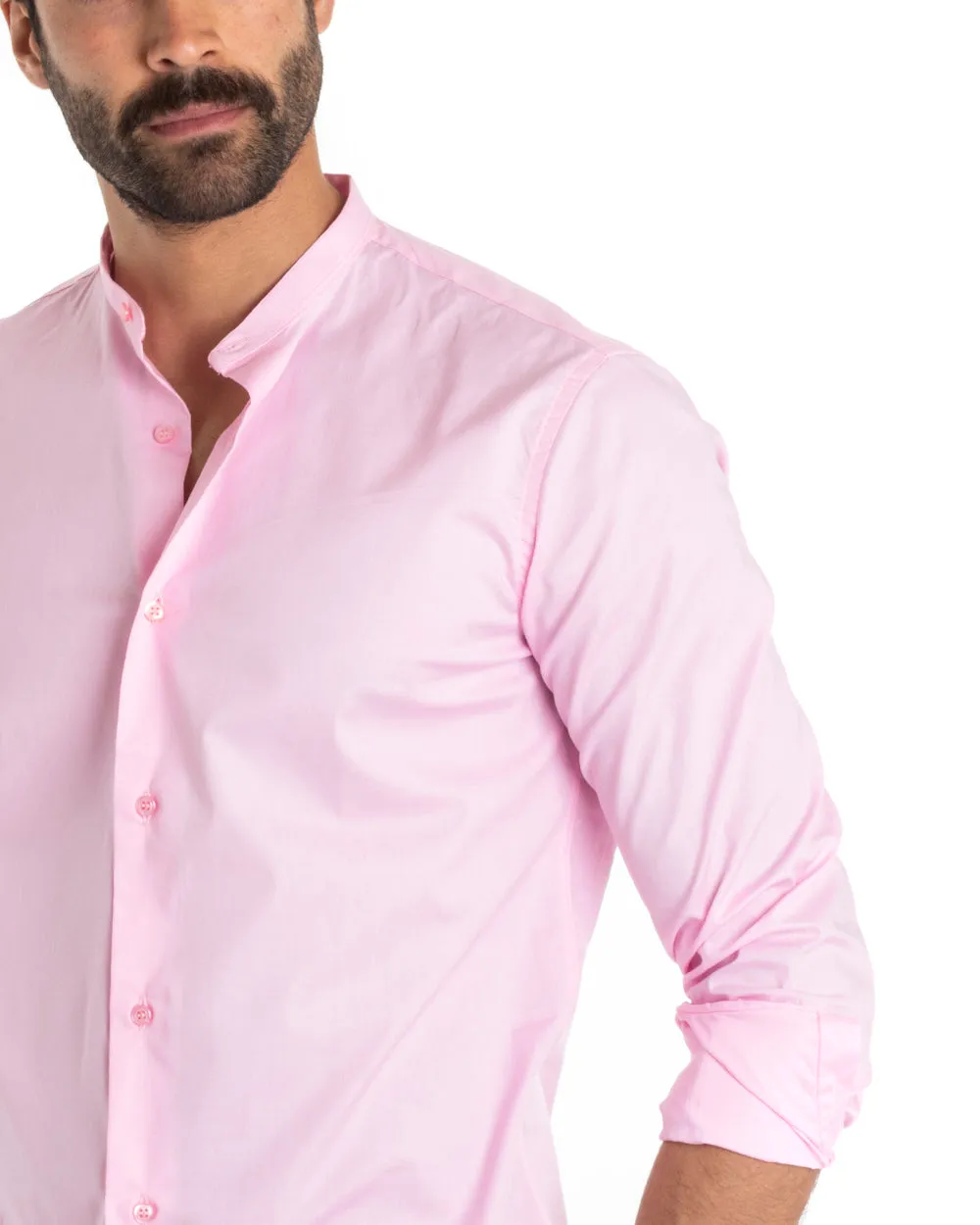 Camicia Uomo Sartoriale Collo Coreano Manica Lunga Basic Cotone Morbido Rosa Regular Fit GIOSAL-C2371A