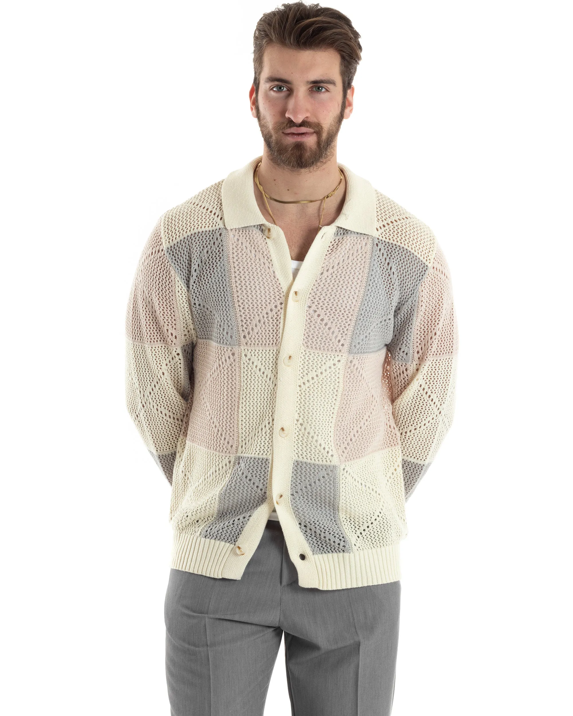 Cardigan Uomo Con Colletto Maglia Multicolore Polo Bucata Giacca Con Bottoni Beige Casual GIOSAL-M2816A