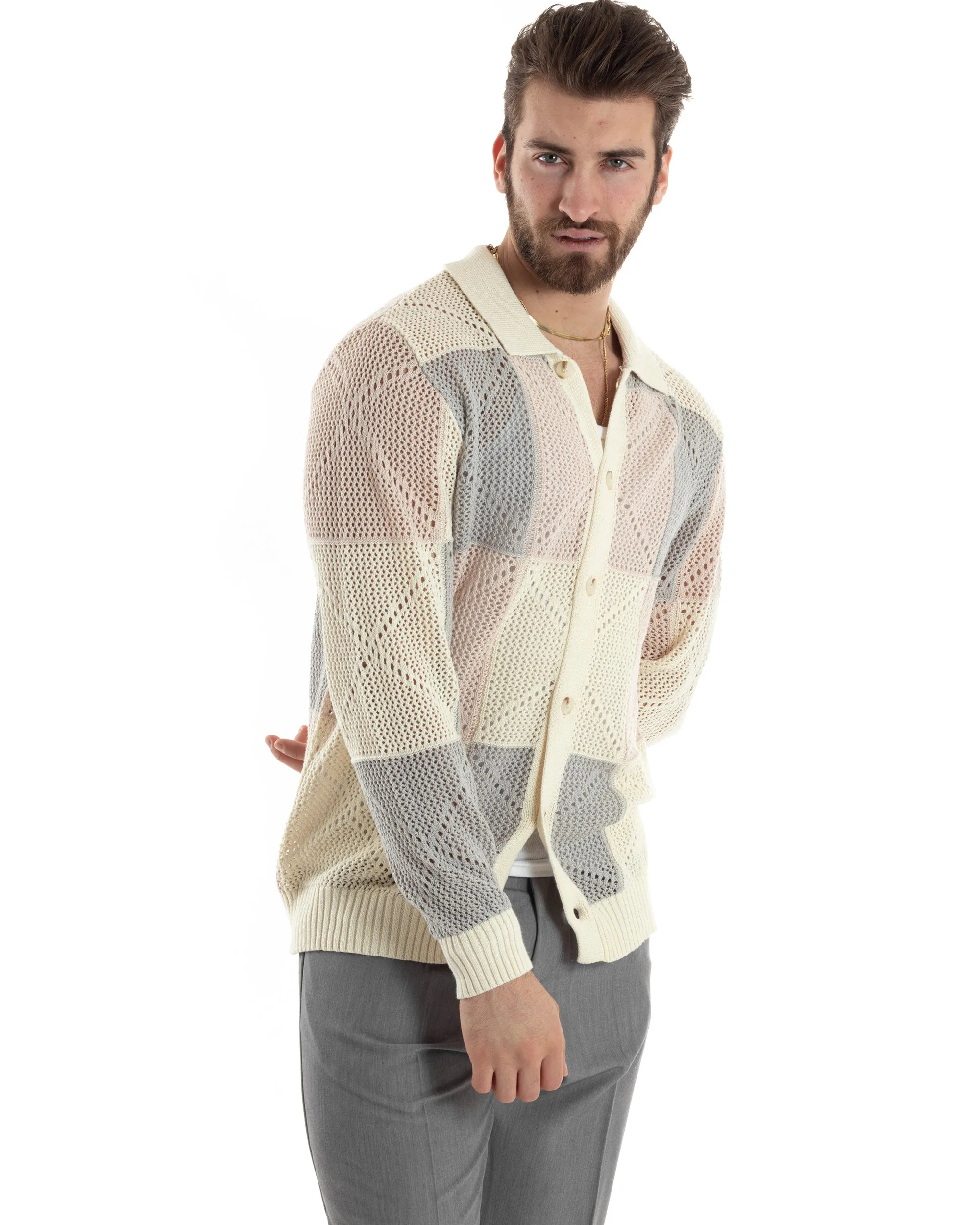 Cardigan Uomo Con Colletto Maglia Multicolore Polo Bucata Giacca Con Bottoni Beige Casual GIOSAL-M2816A