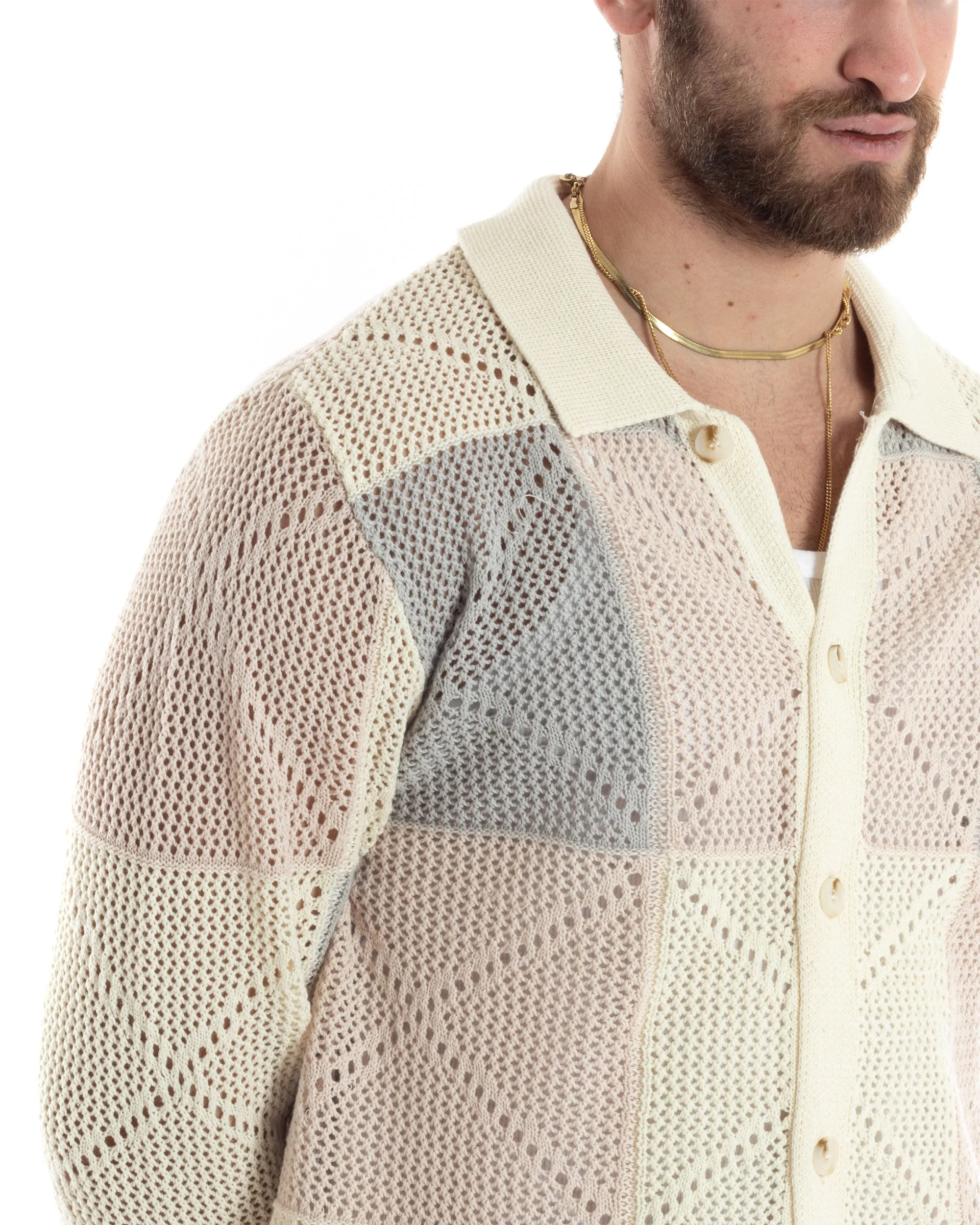 Cardigan Uomo Con Colletto Maglia Multicolore Polo Bucata Giacca Con Bottoni Beige Casual GIOSAL-M2816A