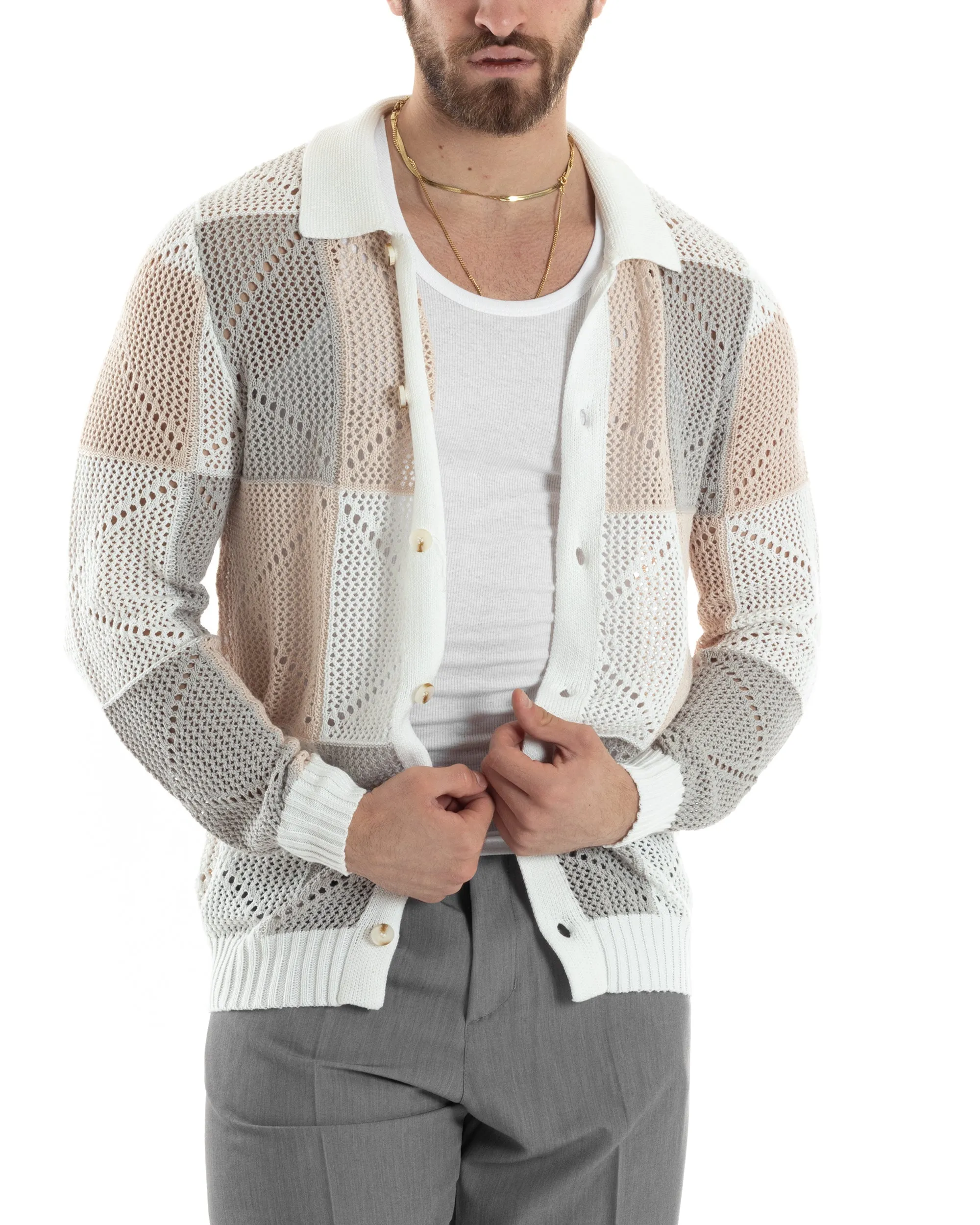 Cardigan Uomo Con Colletto Maglia Multicolore Polo Bucata Giacca Con Bottoni Bianco Casual GIOSAL-M2817A