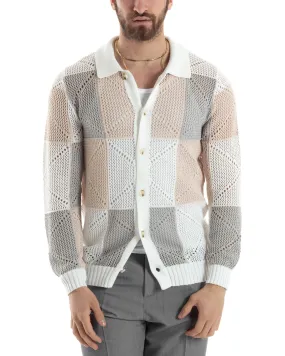 Cardigan Uomo Con Colletto Maglia Multicolore Polo Bucata Giacca Con Bottoni Bianco Casual GIOSAL-M2817A