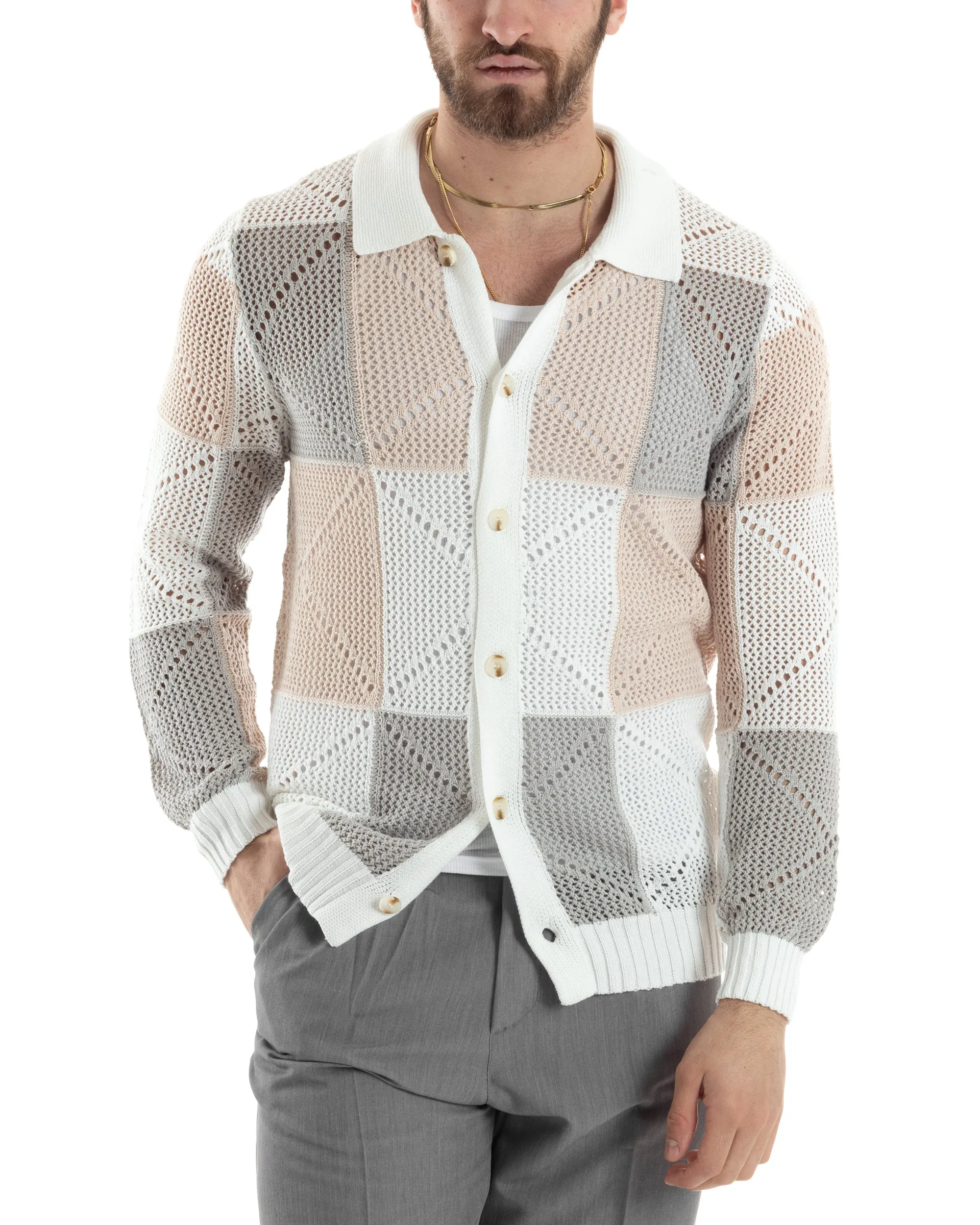 Cardigan Uomo Con Colletto Maglia Multicolore Polo Bucata Giacca Con Bottoni Bianco Casual GIOSAL-M2817A