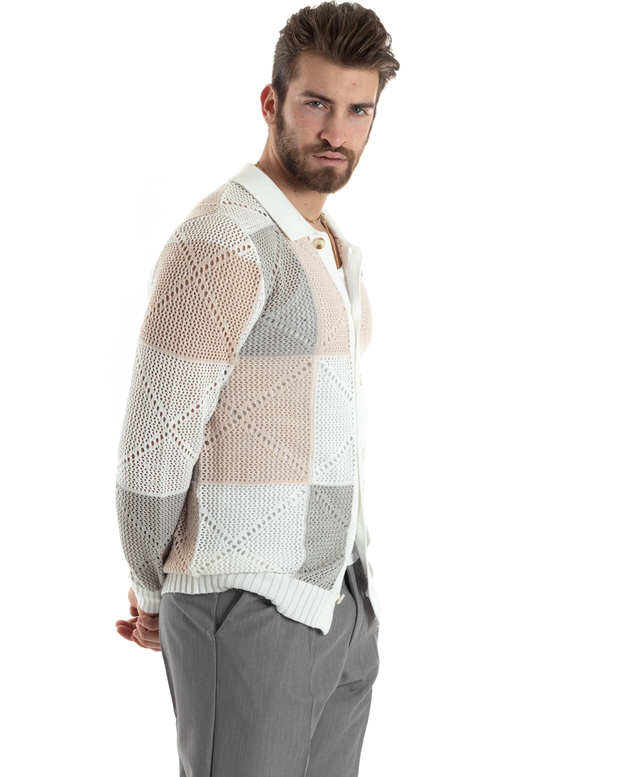 Cardigan Uomo Con Colletto Maglia Multicolore Polo Bucata Giacca Con Bottoni Bianco Casual GIOSAL-M2817A