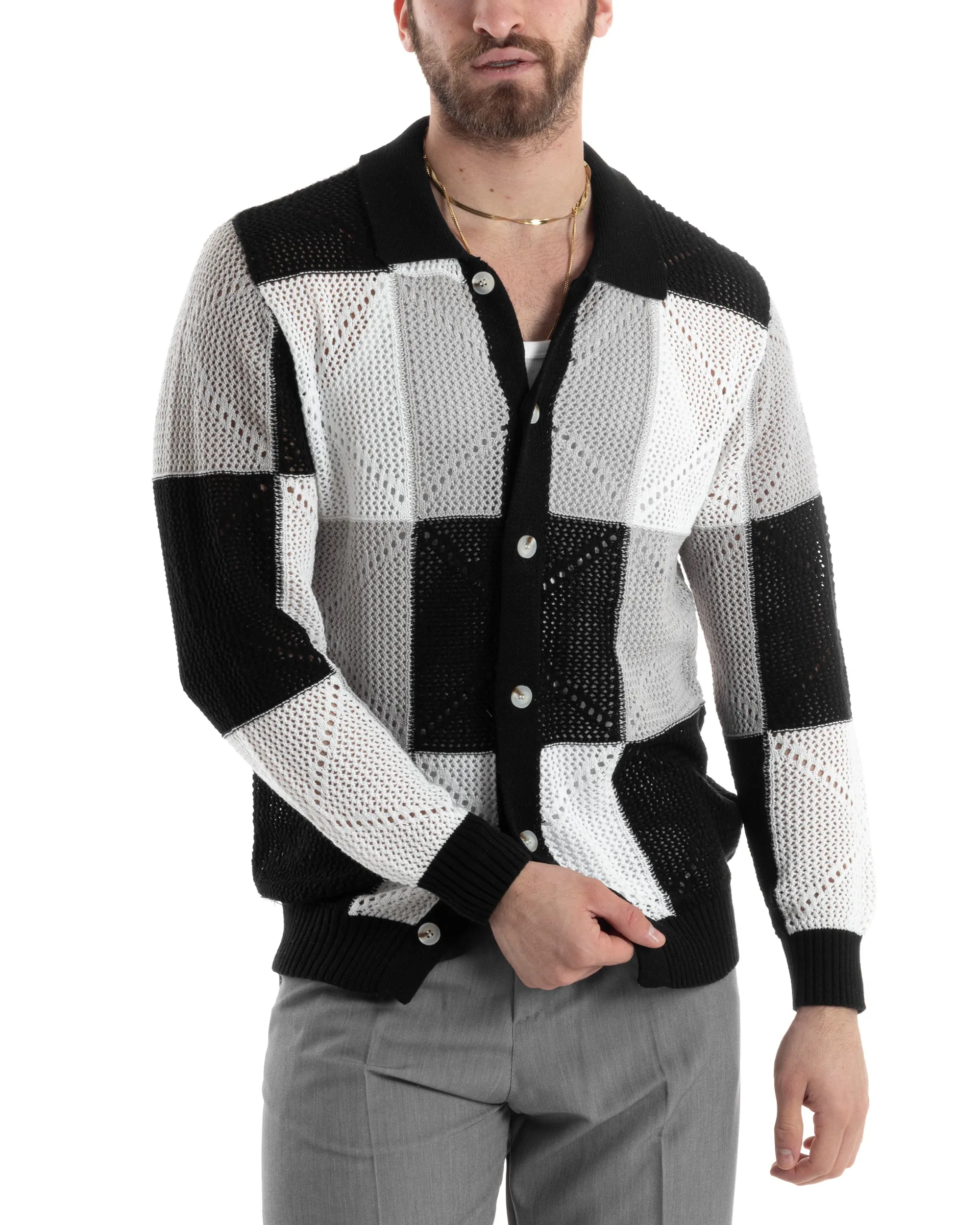 Cardigan Uomo Con Colletto Maglia Multicolore Polo Bucata Giacca Con Bottoni Nero Casual GIOSAL-M2815A