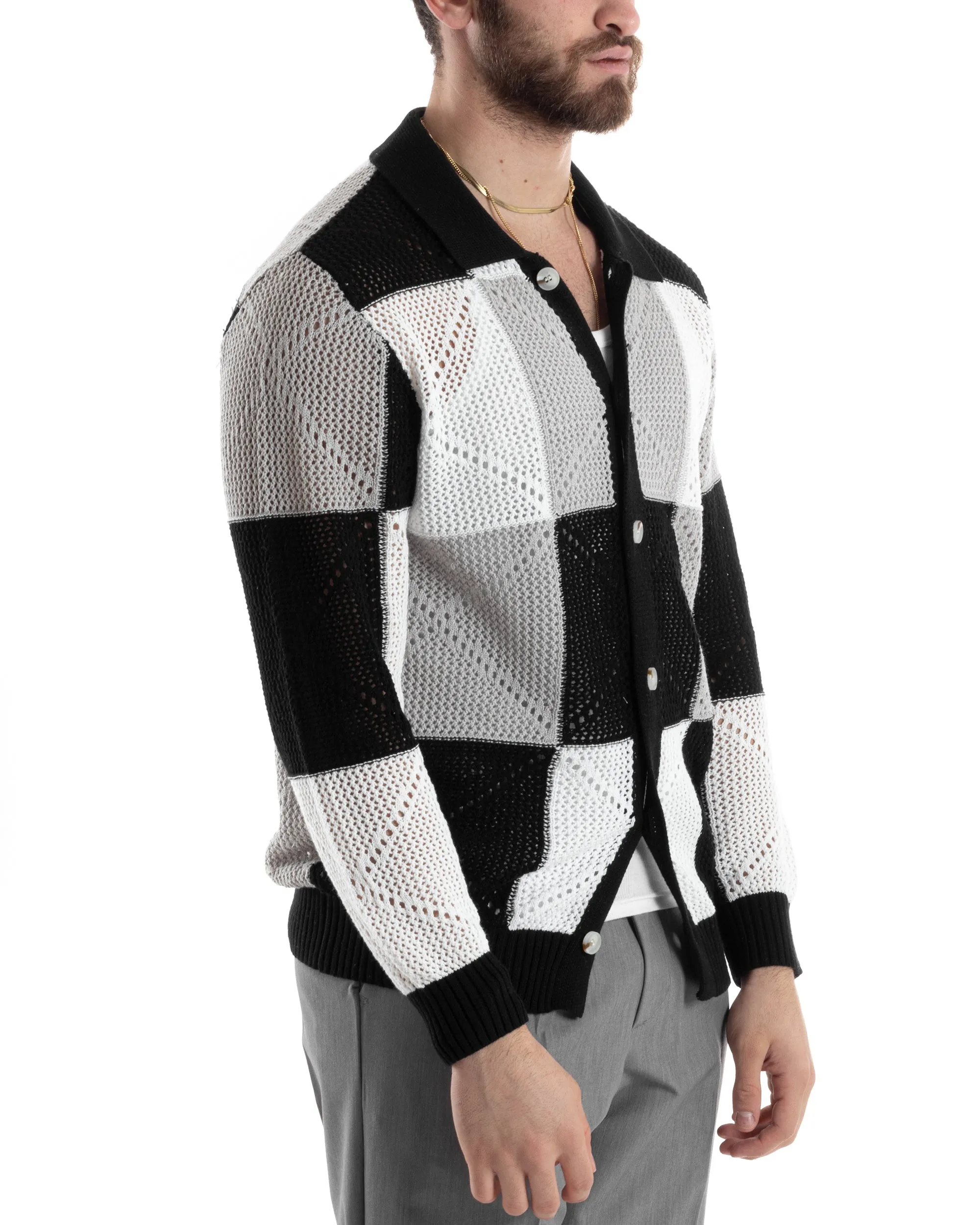 Cardigan Uomo Con Colletto Maglia Multicolore Polo Bucata Giacca Con Bottoni Nero Casual GIOSAL-M2815A