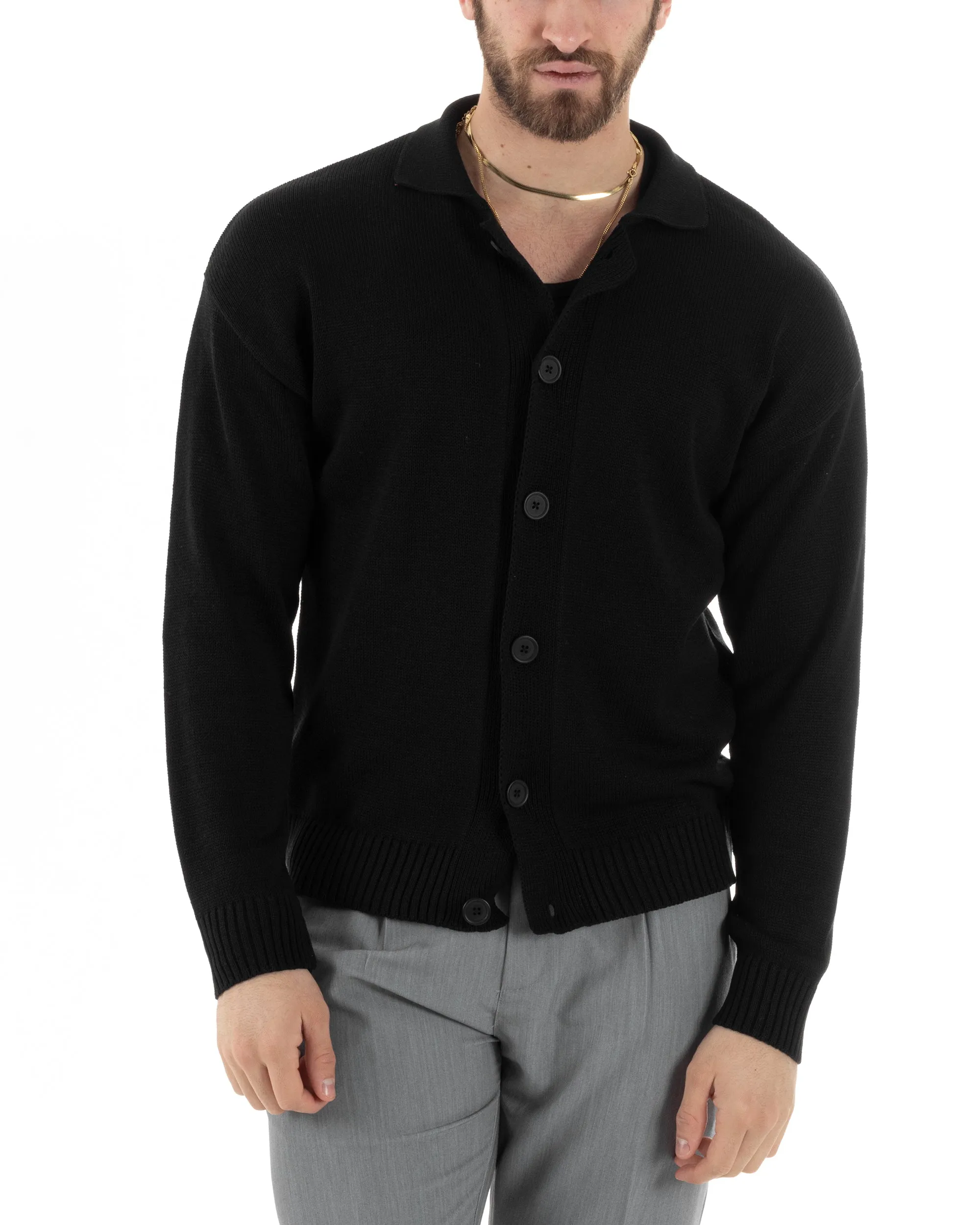 Cardigan Uomo Con Colletto Maglioncino Polo Maglia Giacca Con Bottoni Nero Casual GIOSAL-M2805A