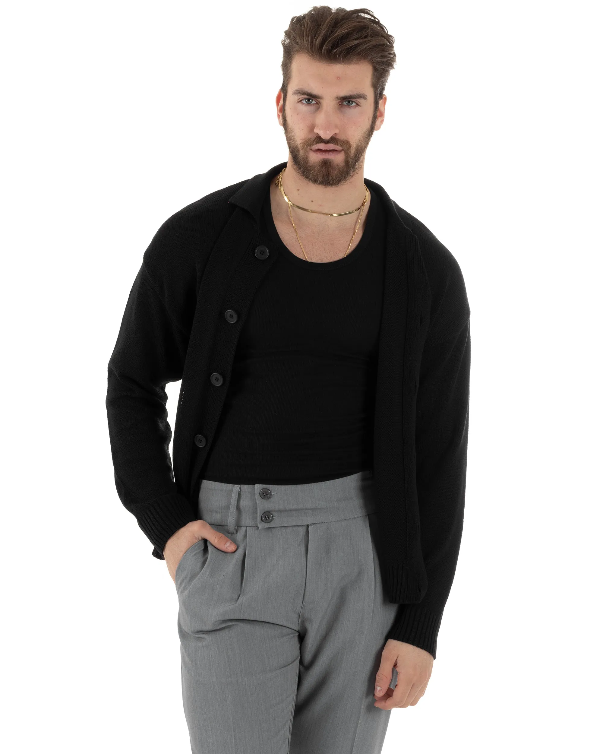 Cardigan Uomo Con Colletto Maglioncino Polo Maglia Giacca Con Bottoni Nero Casual GIOSAL-M2805A