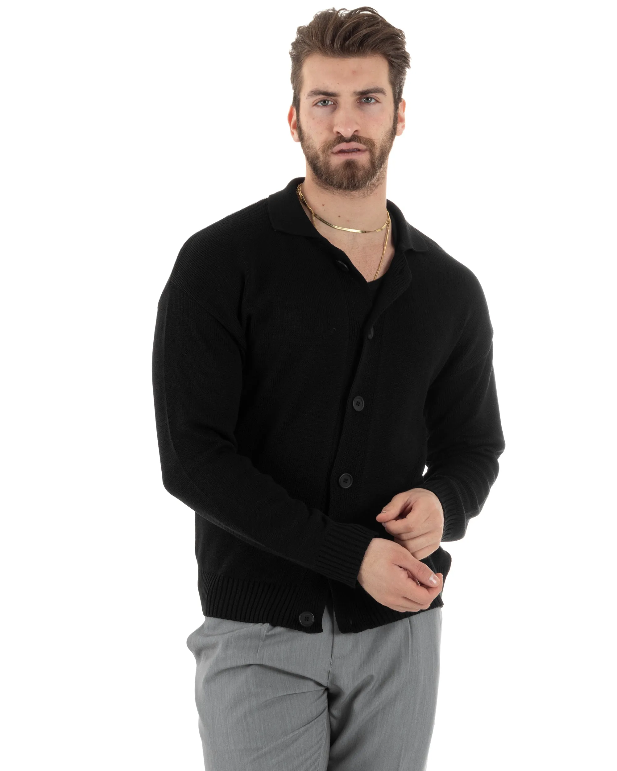 Cardigan Uomo Con Colletto Maglioncino Polo Maglia Giacca Con Bottoni Nero Casual GIOSAL-M2805A