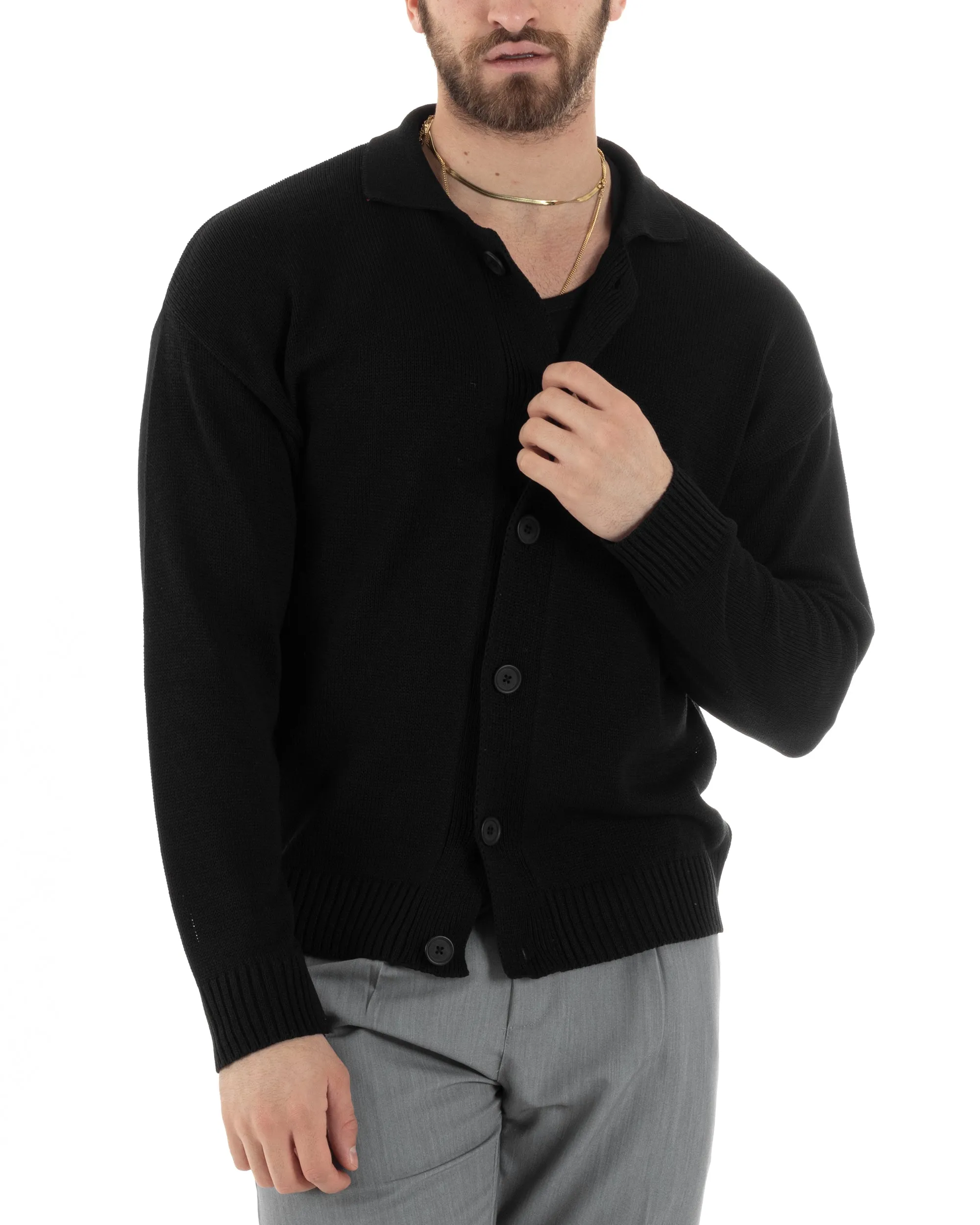 Cardigan Uomo Con Colletto Maglioncino Polo Maglia Giacca Con Bottoni Nero Casual GIOSAL-M2805A