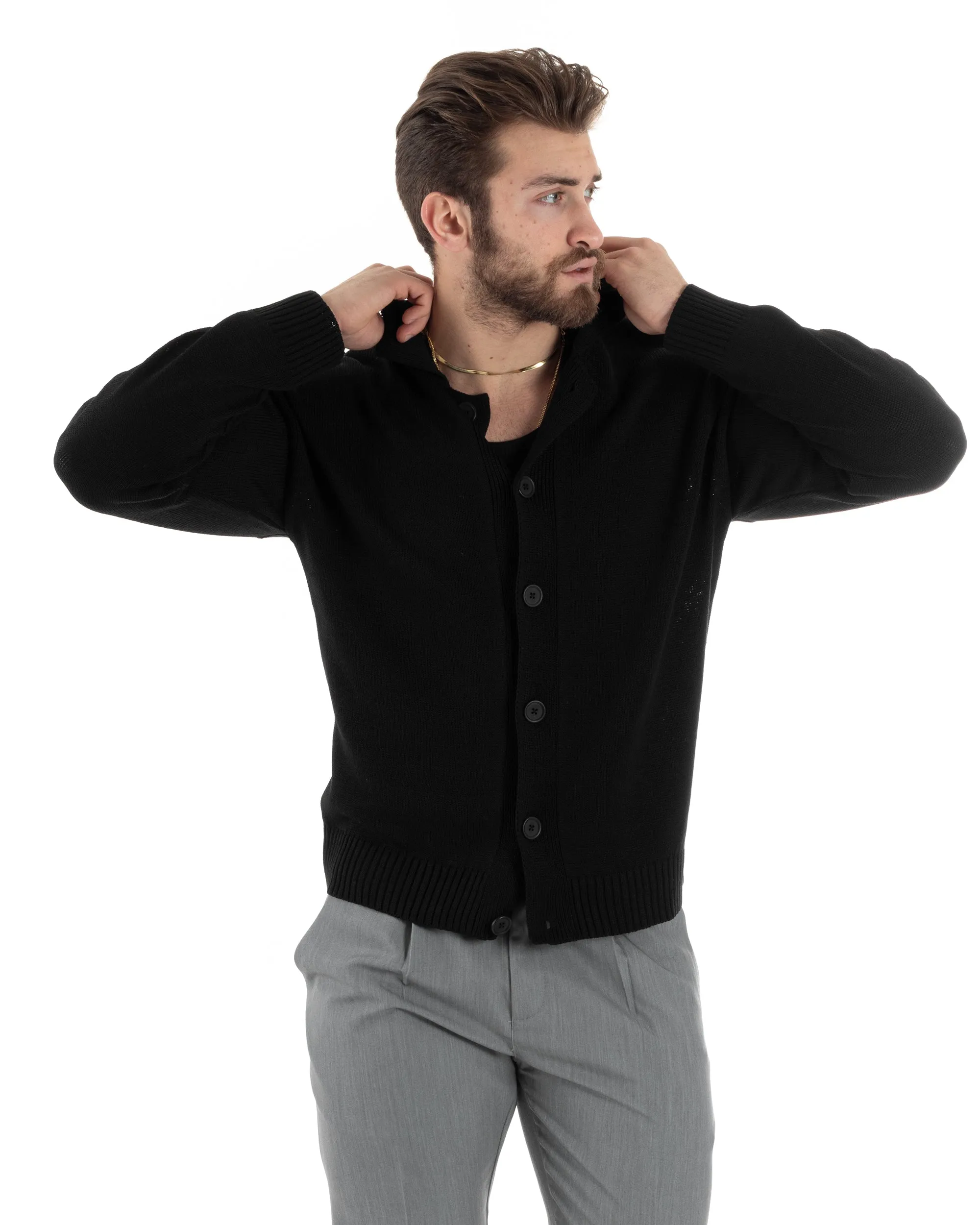 Cardigan Uomo Con Colletto Maglioncino Polo Maglia Giacca Con Bottoni Nero Casual GIOSAL-M2805A