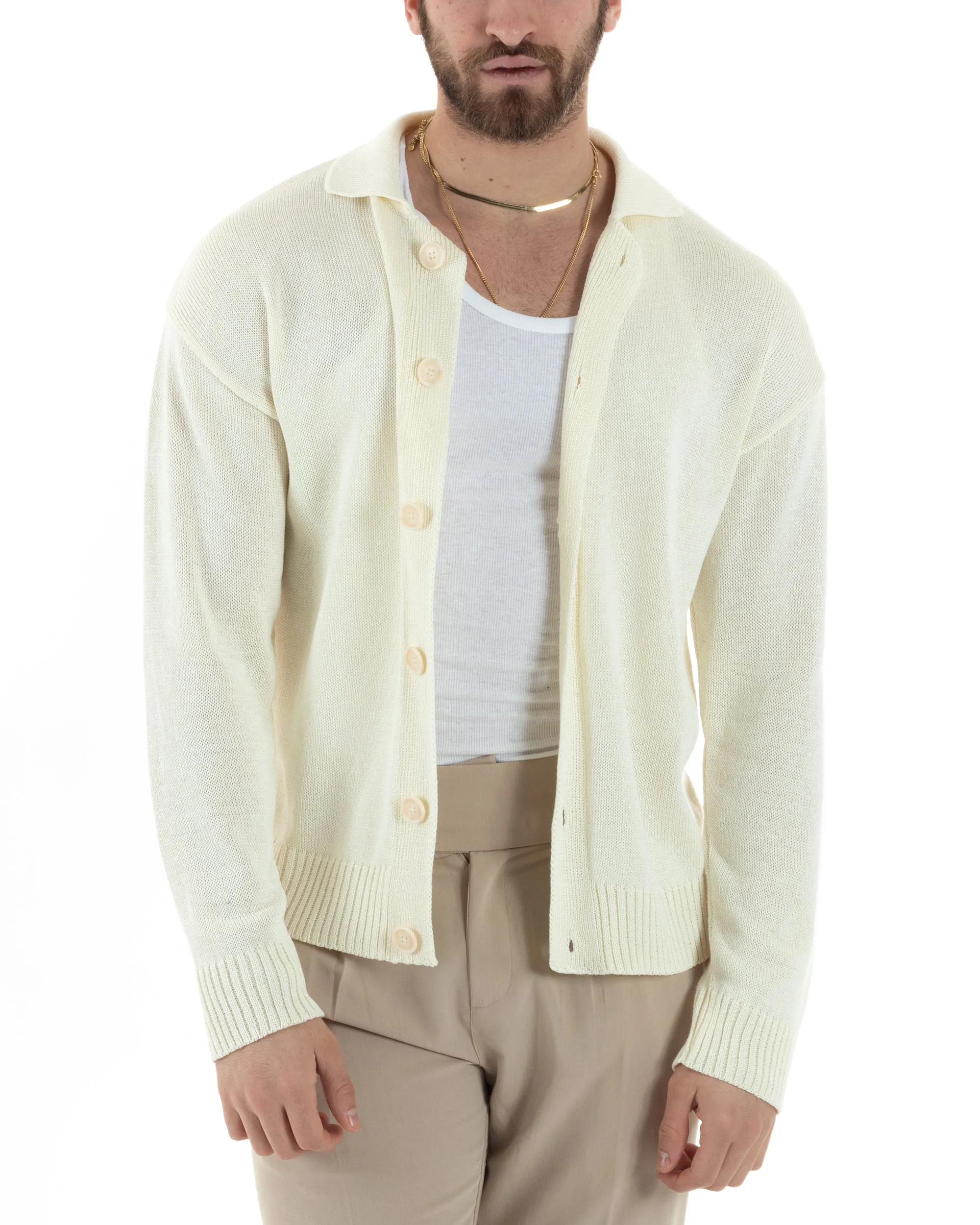 Cardigan Uomo Con Colletto Maglioncino Polo Maglia Giacca Con Bottoni Panna Casual GIOSAL-M2804A