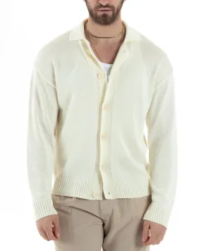 Cardigan Uomo Con Colletto Maglioncino Polo Maglia Giacca Con Bottoni Panna Casual GIOSAL-M2804A