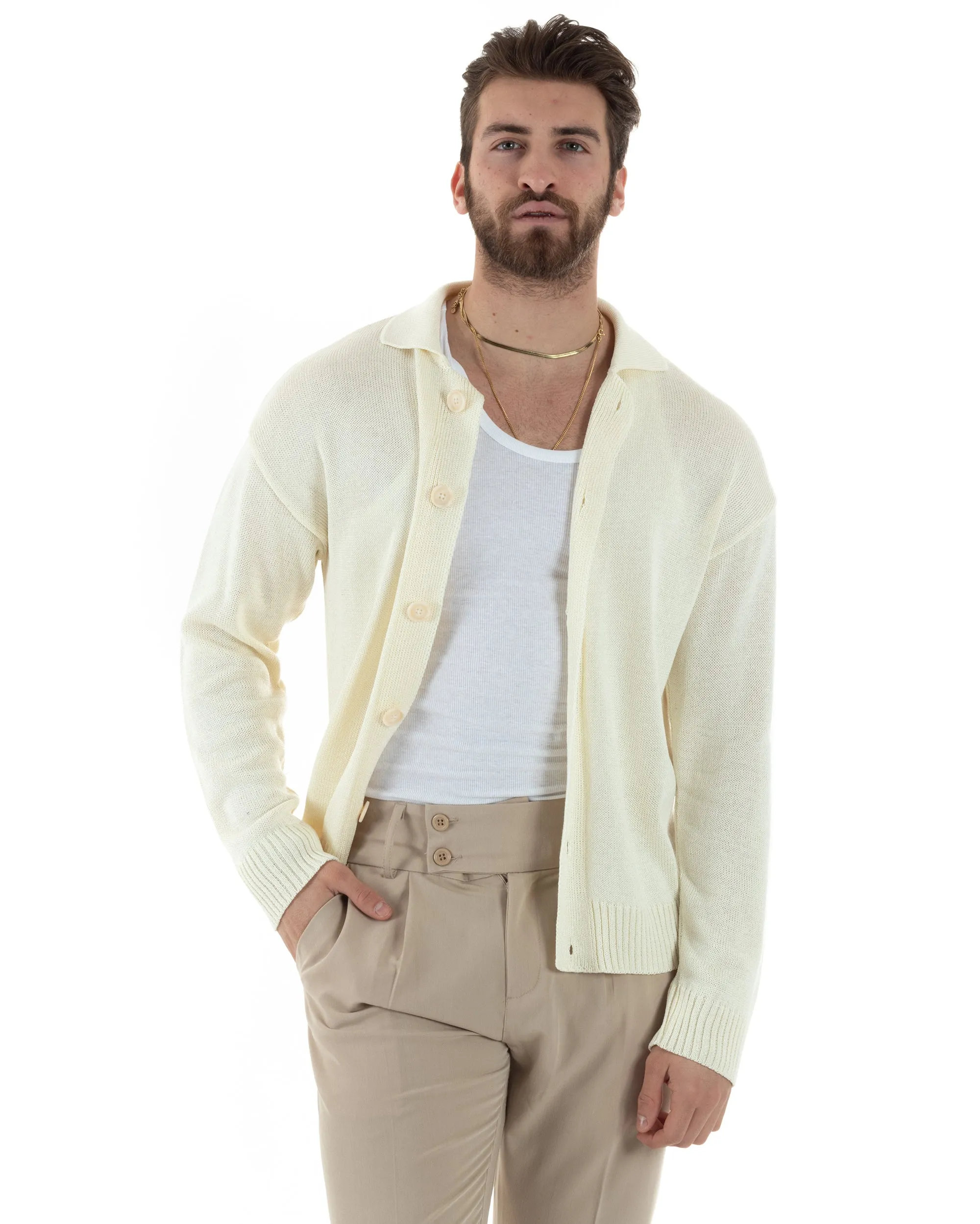 Cardigan Uomo Con Colletto Maglioncino Polo Maglia Giacca Con Bottoni Panna Casual GIOSAL-M2804A