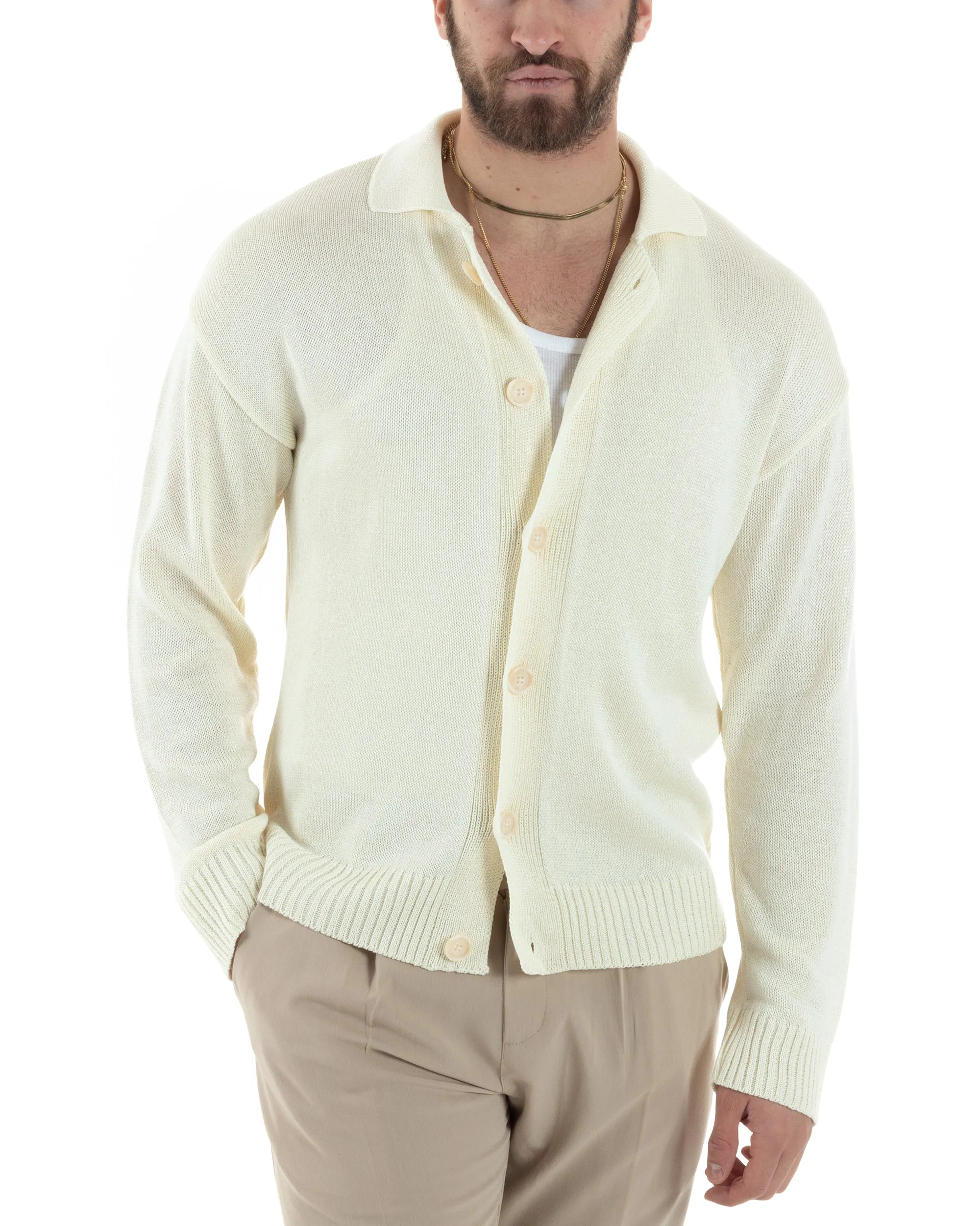 Cardigan Uomo Con Colletto Maglioncino Polo Maglia Giacca Con Bottoni Panna Casual GIOSAL-M2804A