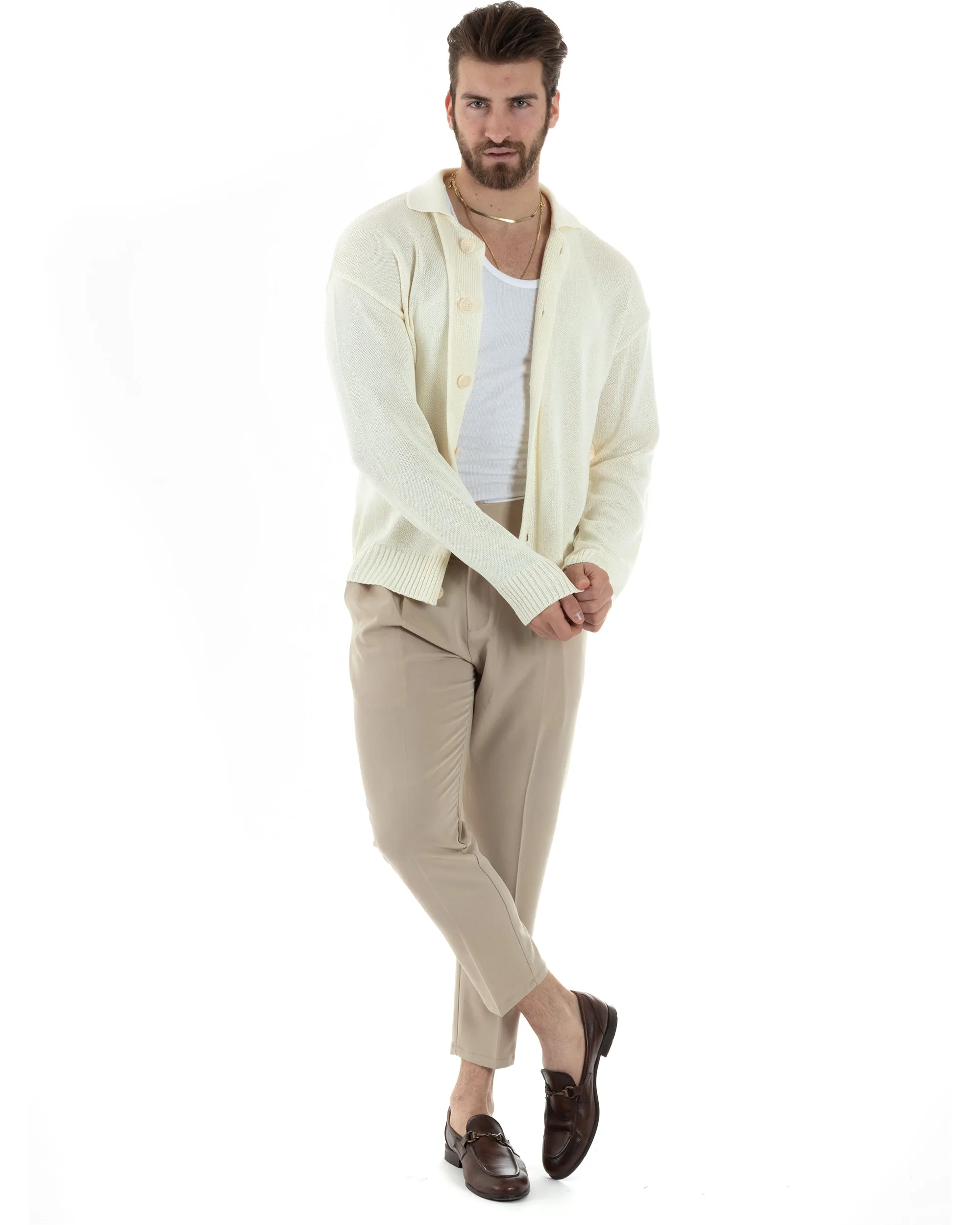 Cardigan Uomo Con Colletto Maglioncino Polo Maglia Giacca Con Bottoni Panna Casual GIOSAL-M2804A