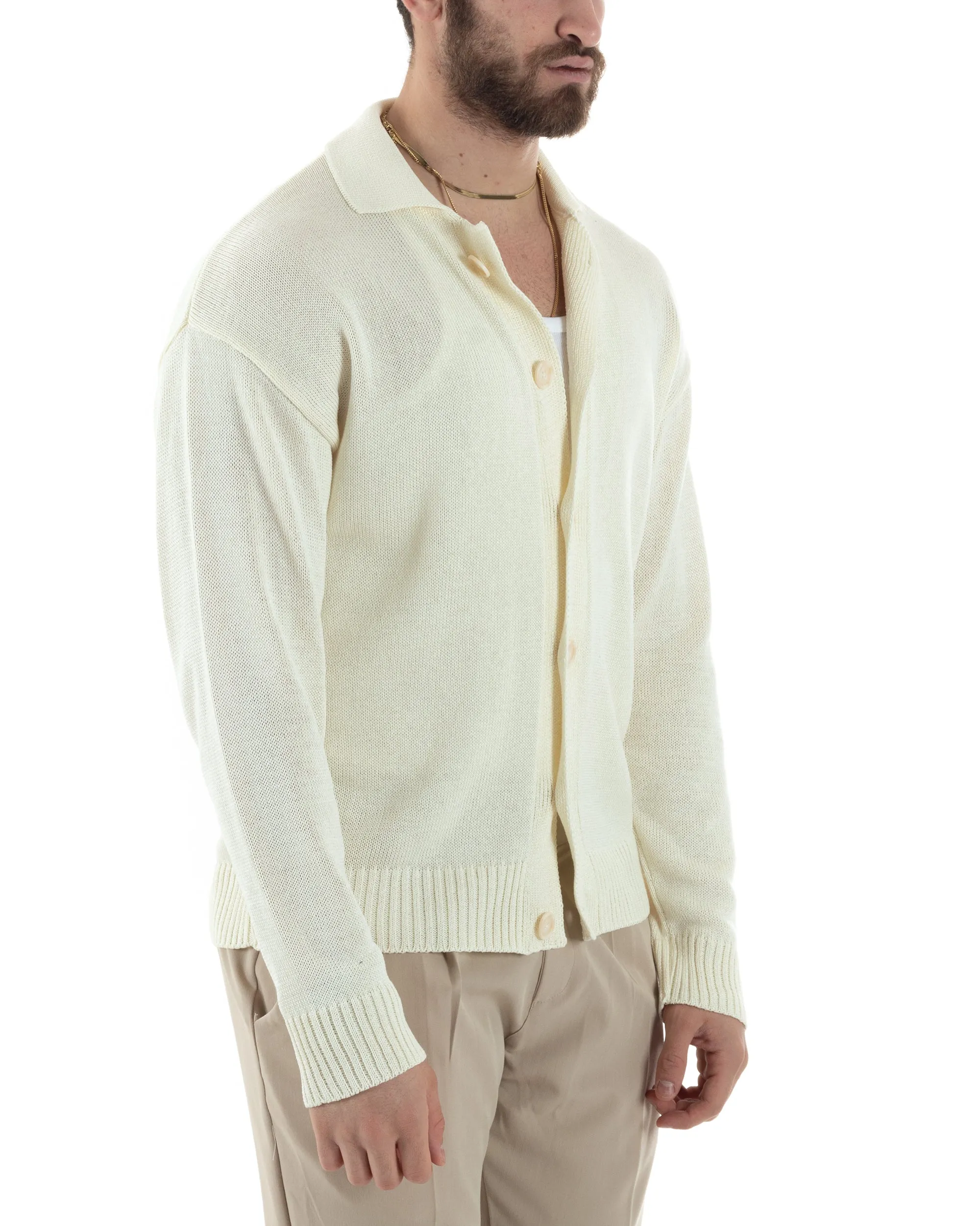 Cardigan Uomo Con Colletto Maglioncino Polo Maglia Giacca Con Bottoni Panna Casual GIOSAL-M2804A