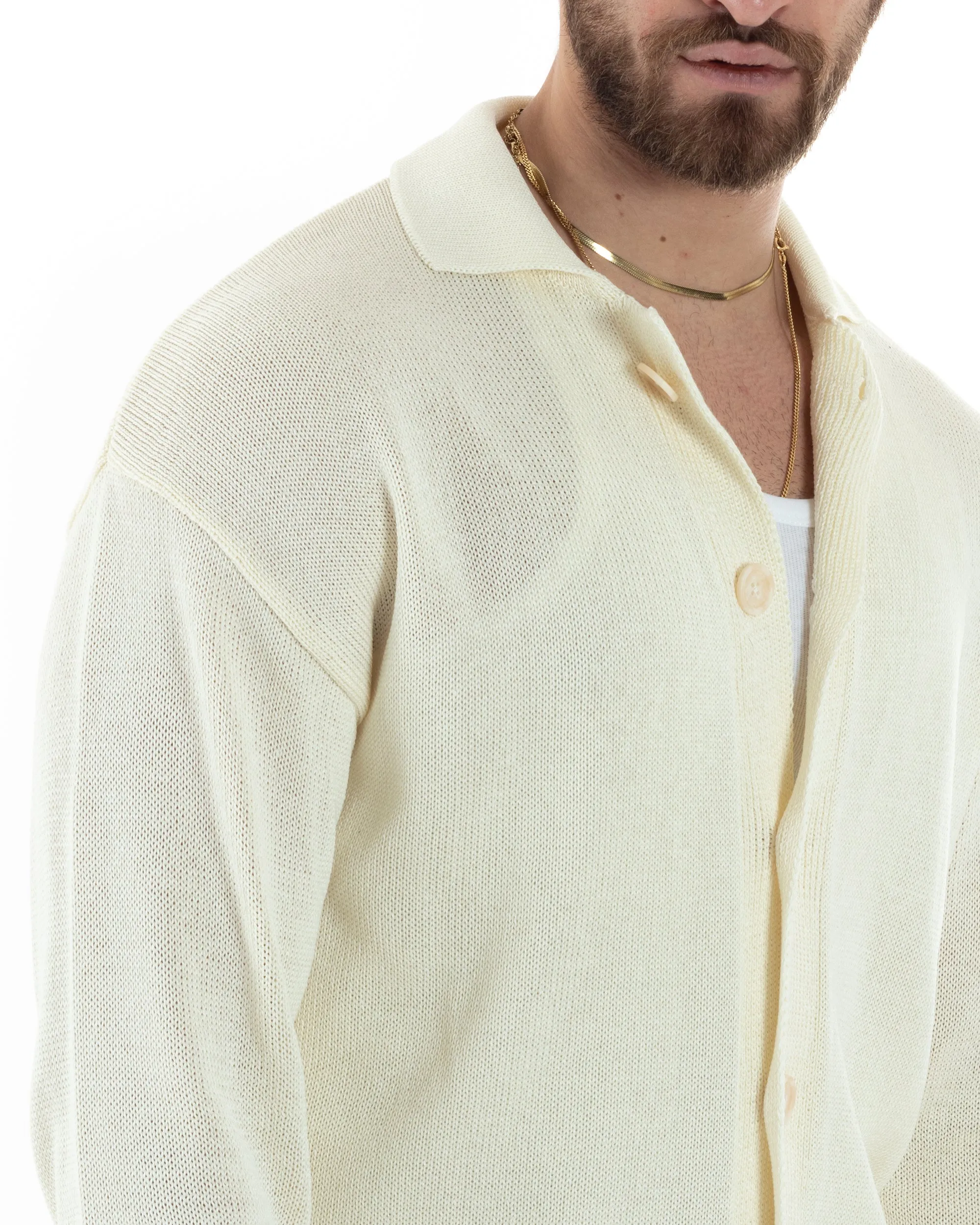 Cardigan Uomo Con Colletto Maglioncino Polo Maglia Giacca Con Bottoni Panna Casual GIOSAL-M2804A