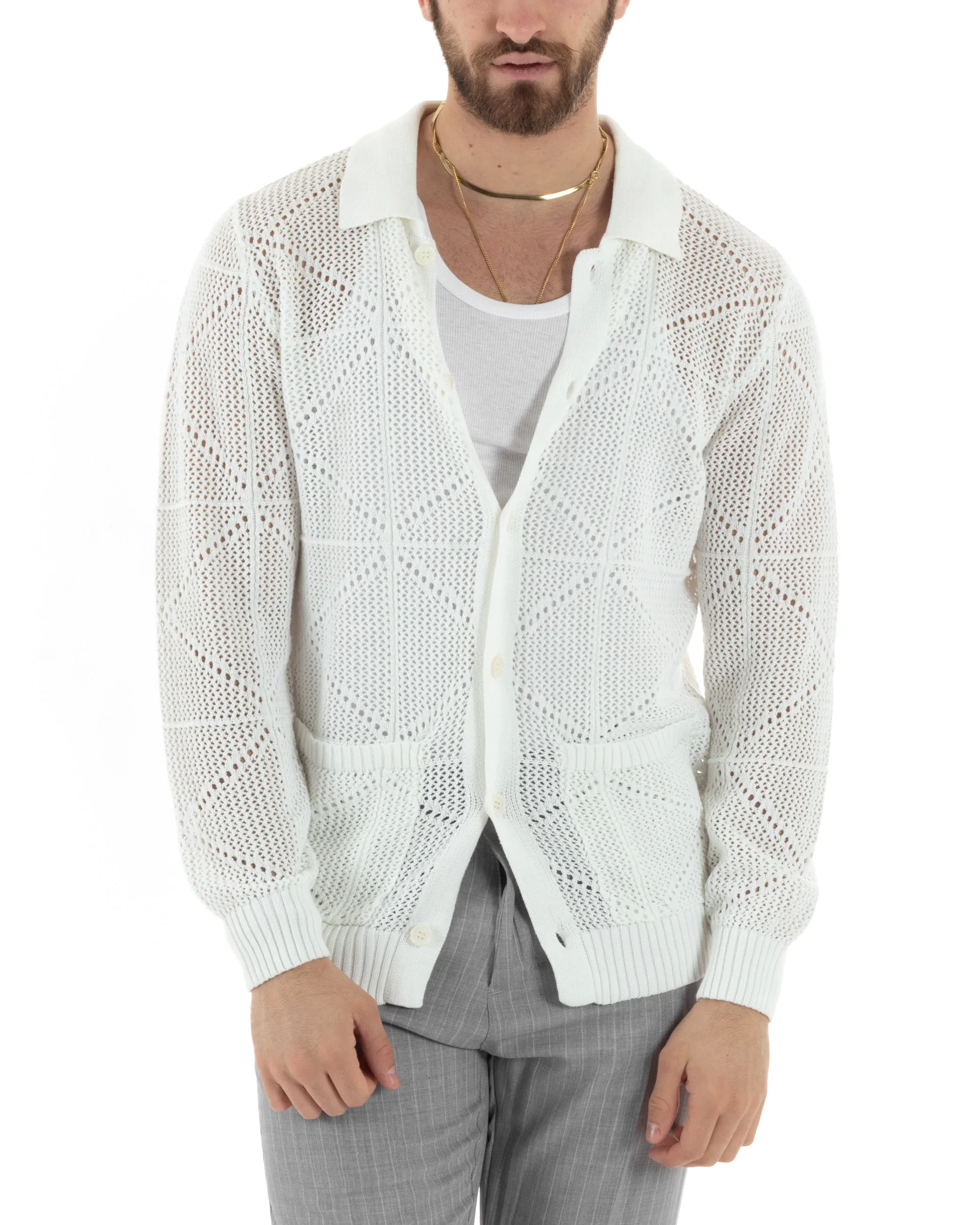 Cardigan Uomo Con Colletto Maglioncino Traforato Maglia Polo Bucata Giacca Con Bottoni Bianco Casual GIOSAL-M2808A