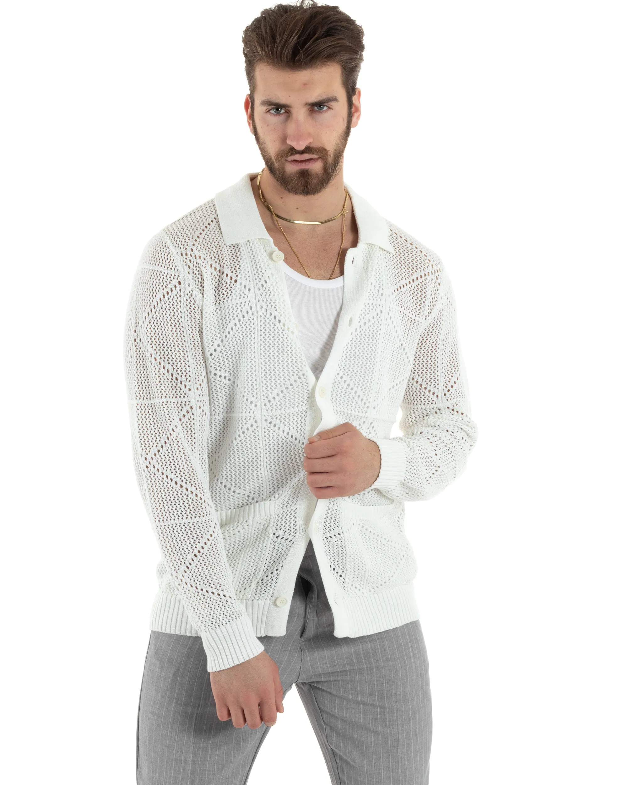 Cardigan Uomo Con Colletto Maglioncino Traforato Maglia Polo Bucata Giacca Con Bottoni Bianco Casual GIOSAL-M2808A