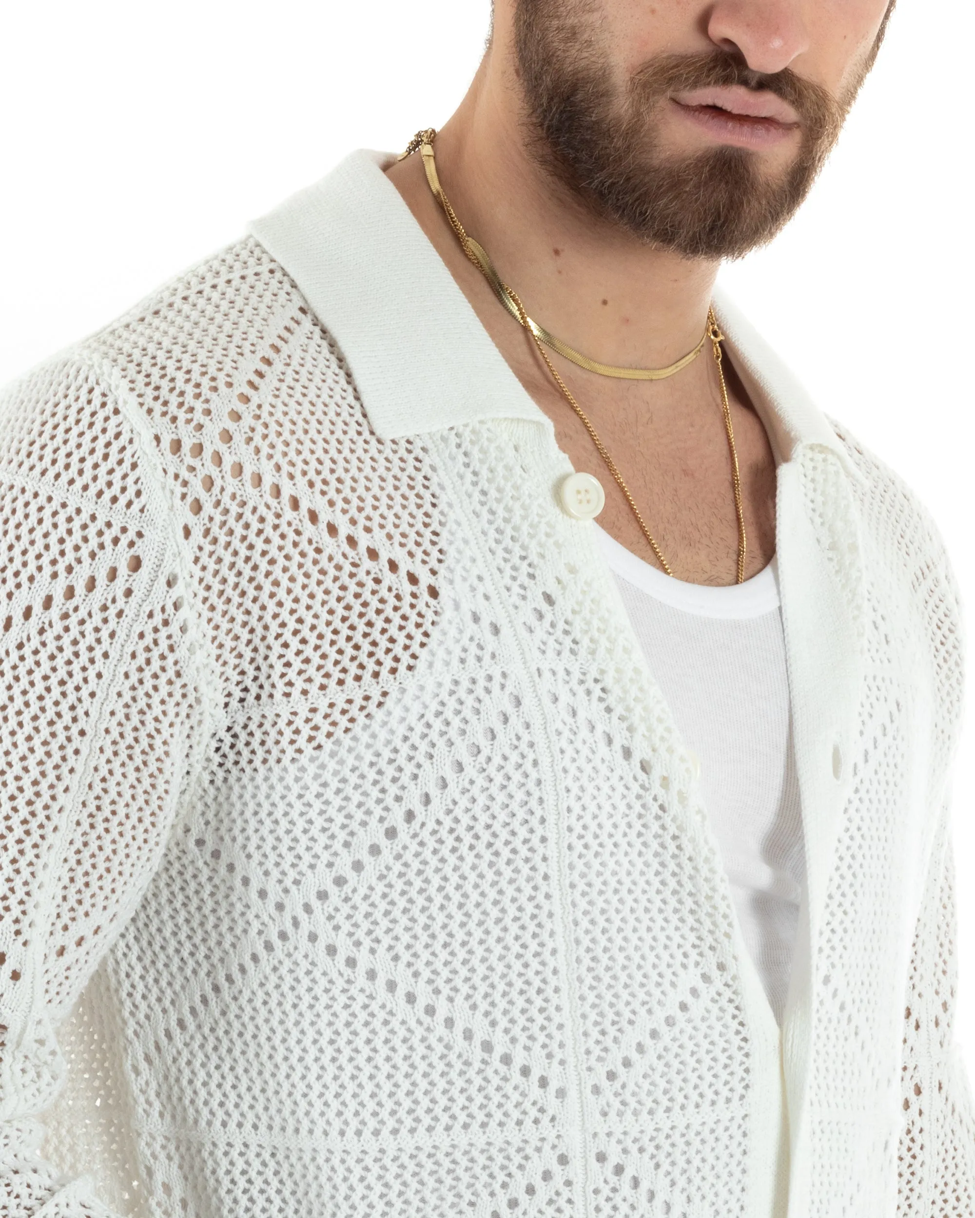 Cardigan Uomo Con Colletto Maglioncino Traforato Maglia Polo Bucata Giacca Con Bottoni Bianco Casual GIOSAL-M2808A