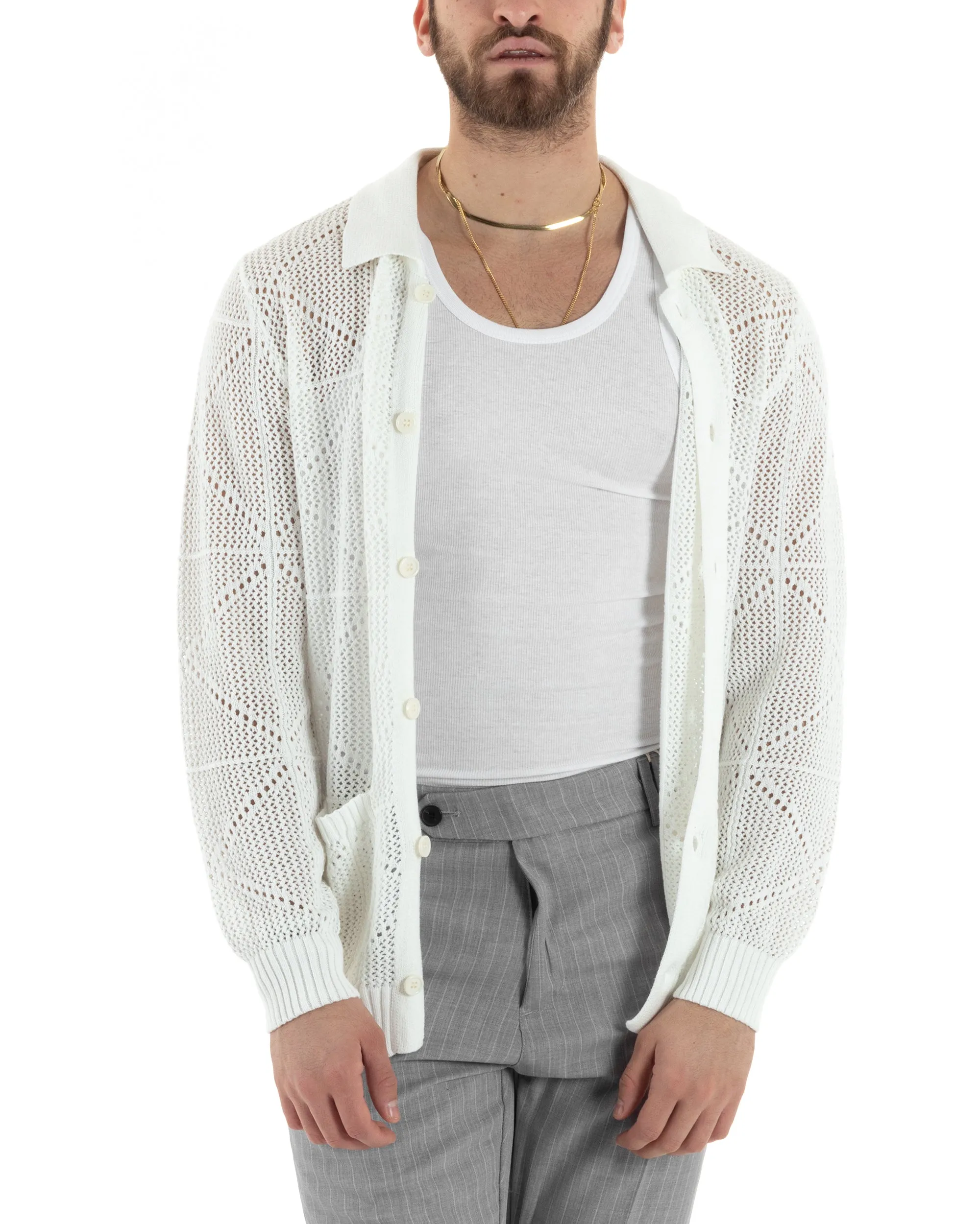 Cardigan Uomo Con Colletto Maglioncino Traforato Maglia Polo Bucata Giacca Con Bottoni Bianco Casual GIOSAL-M2808A