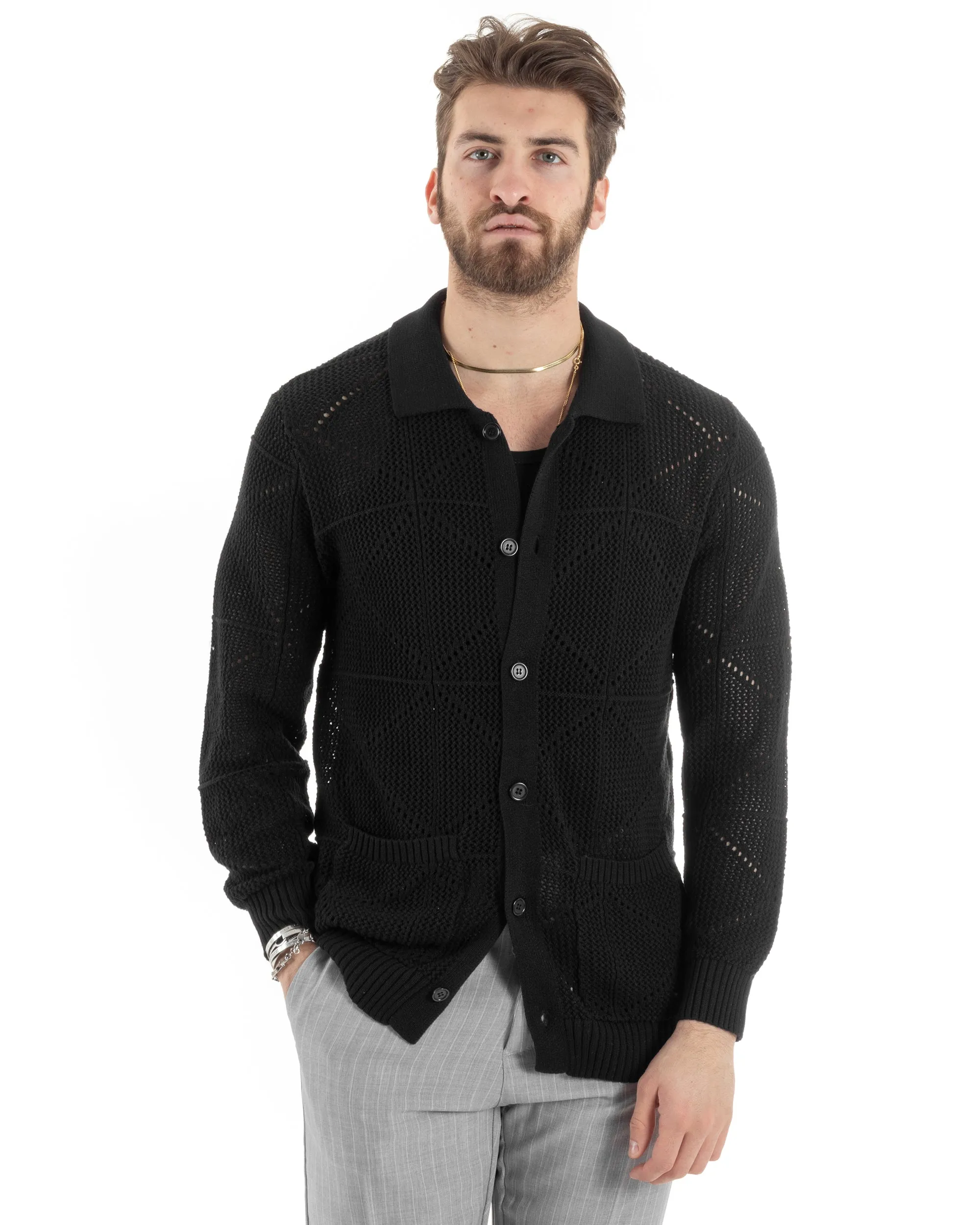 Cardigan Uomo Con Colletto Maglioncino Traforato Maglia Polo Bucata Giacca Con Bottoni Nero Casual GIOSAL-M2807A