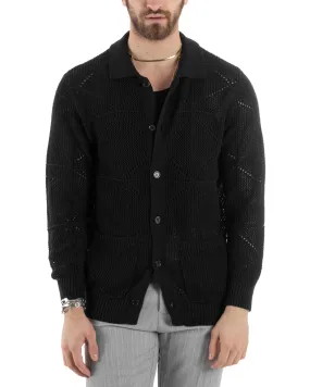 Cardigan Uomo Con Colletto Maglioncino Traforato Maglia Polo Bucata Giacca Con Bottoni Nero Casual GIOSAL-M2807A