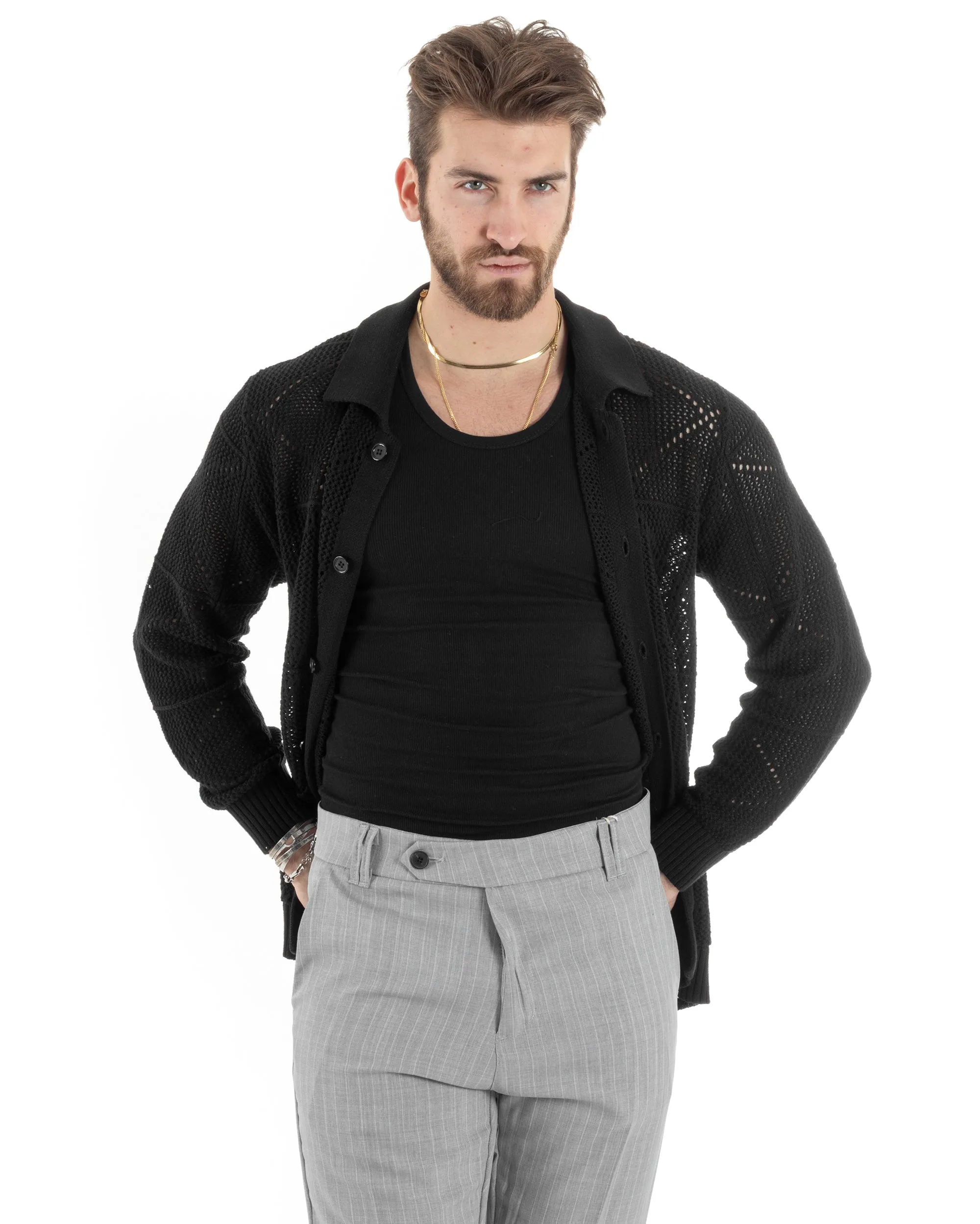 Cardigan Uomo Con Colletto Maglioncino Traforato Maglia Polo Bucata Giacca Con Bottoni Nero Casual GIOSAL-M2807A